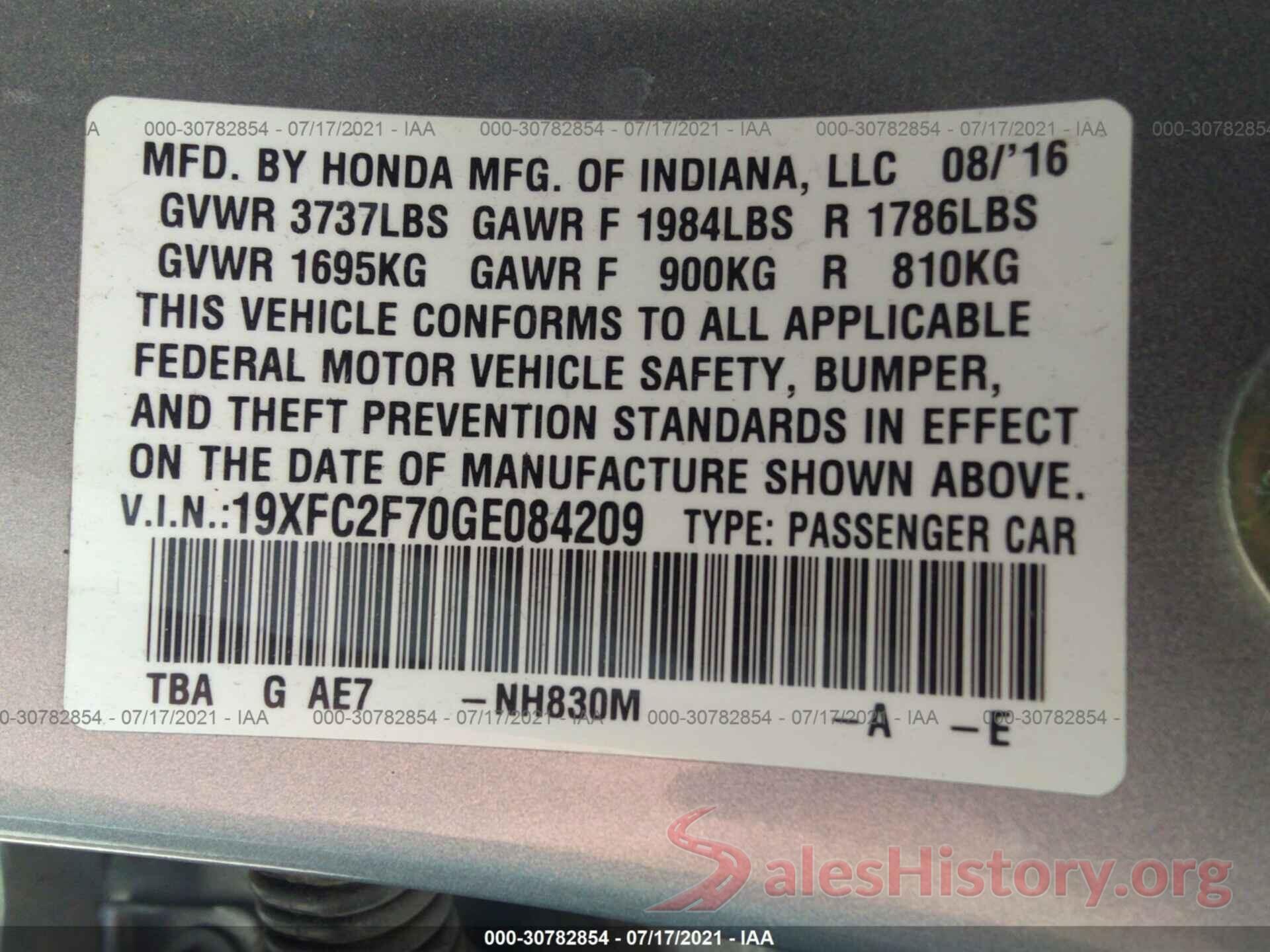 19XFC2F70GE084209 2016 HONDA CIVIC SEDAN