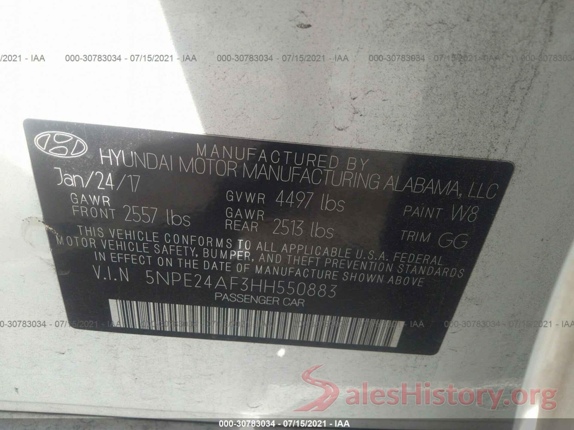 5NPE24AF3HH550883 2017 HYUNDAI SONATA