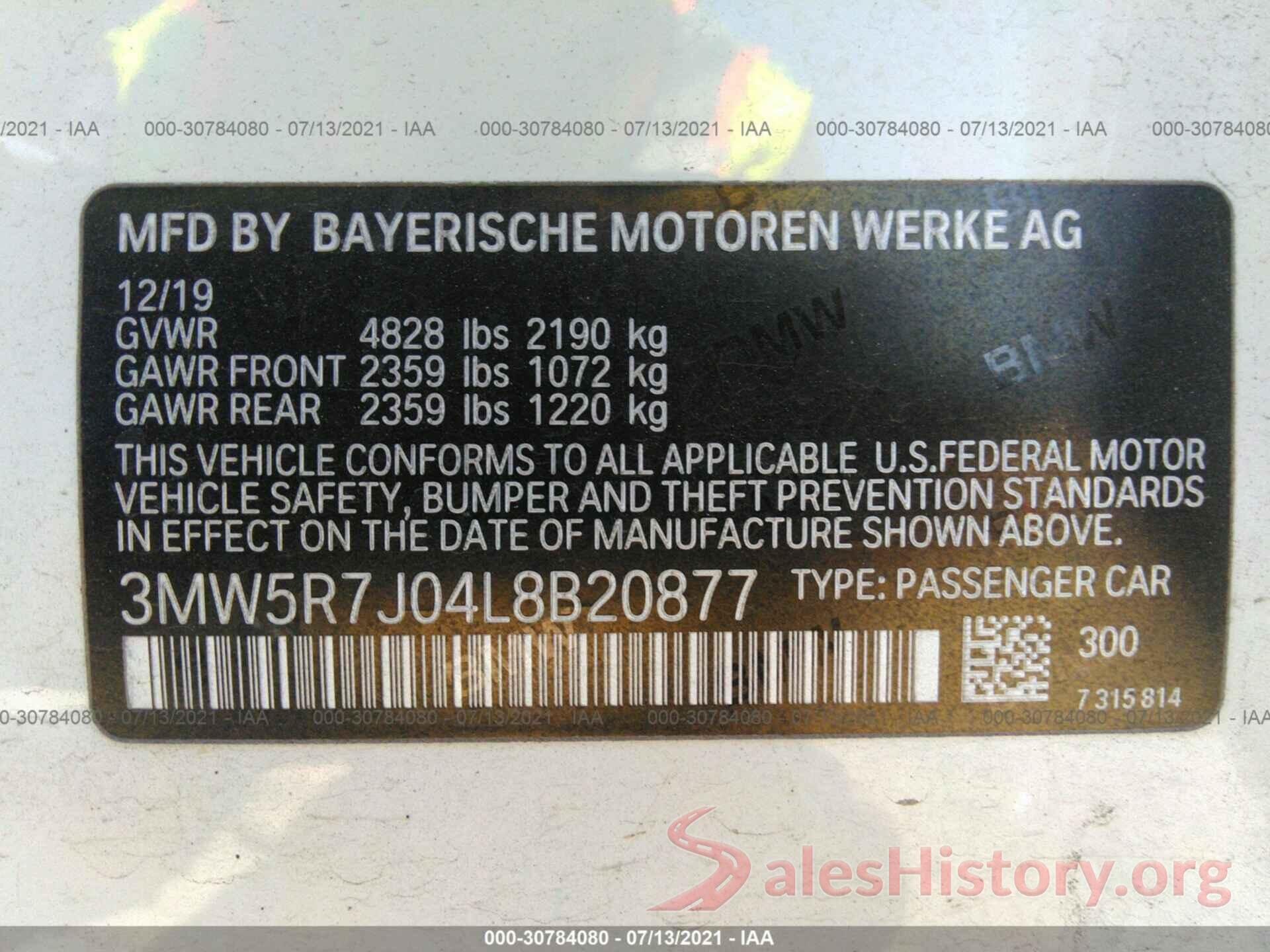 3MW5R7J04L8B20877 2020 BMW 3 SERIES