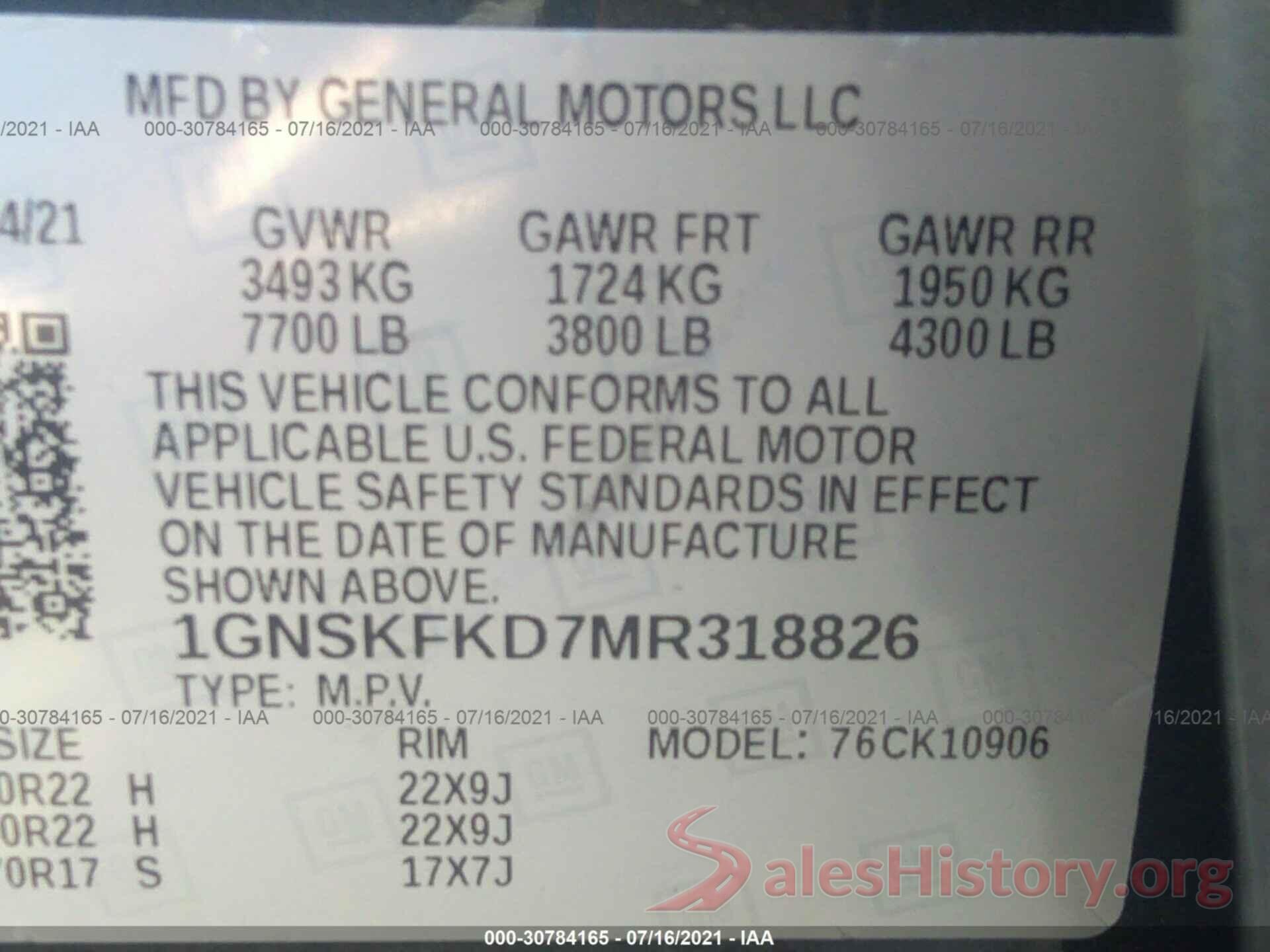 1GNSKFKD7MR318826 2021 CHEVROLET SUBURBAN