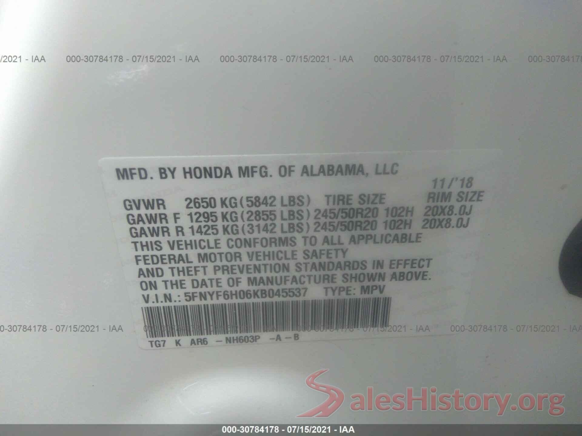 5FNYF6H06KB045537 2019 HONDA PILOT