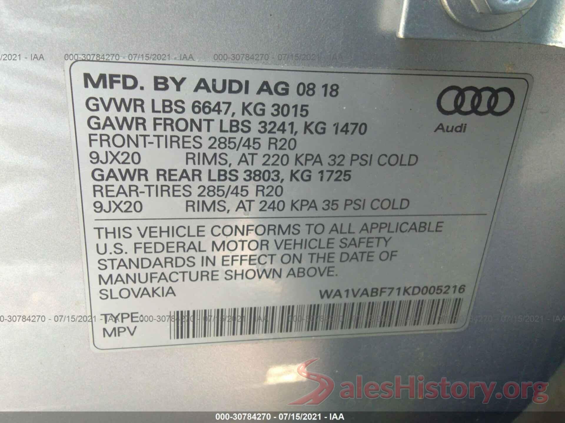 WA1VABF71KD005216 2019 AUDI Q7