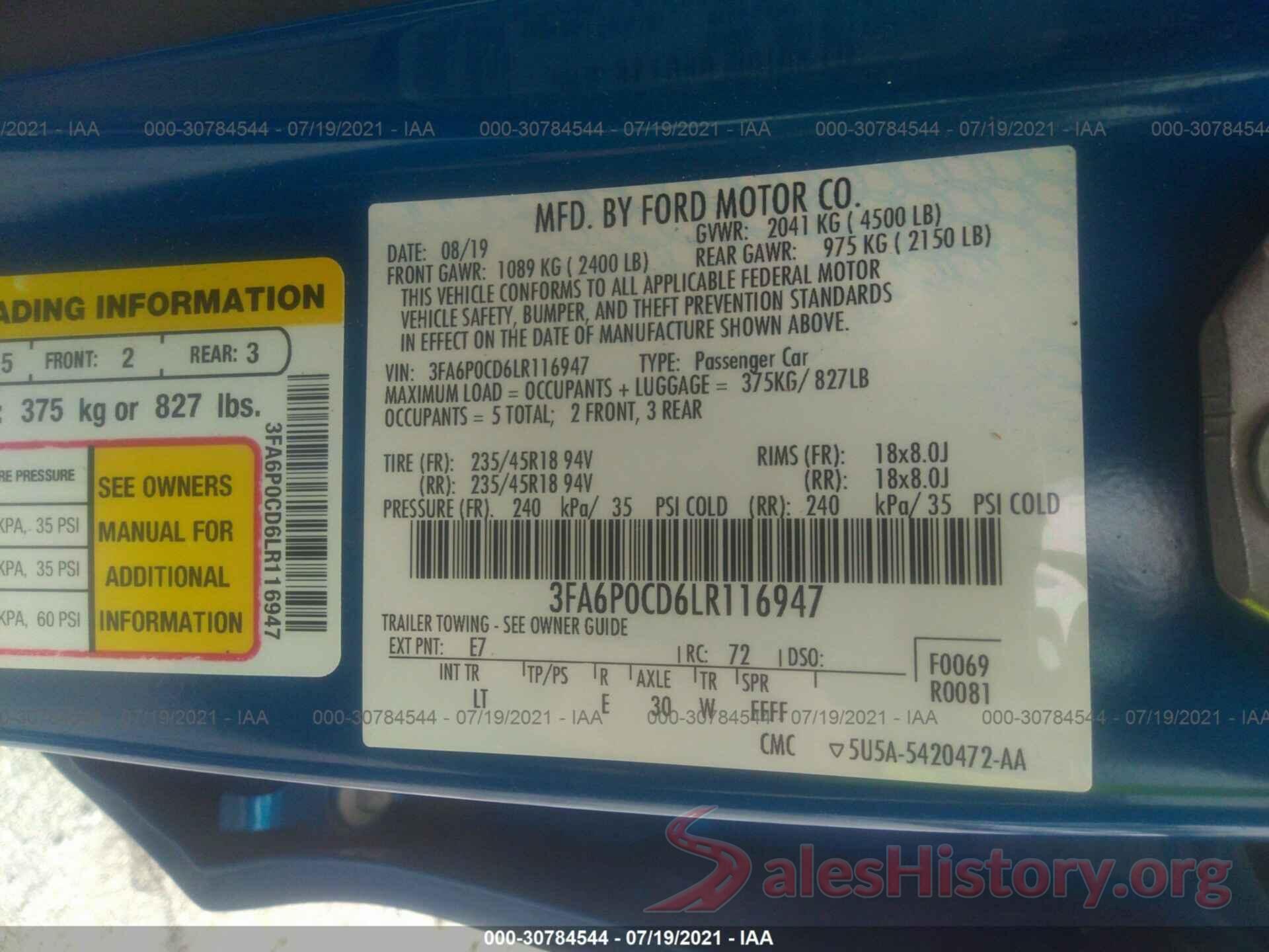 3FA6P0CD6LR116947 2020 FORD FUSION