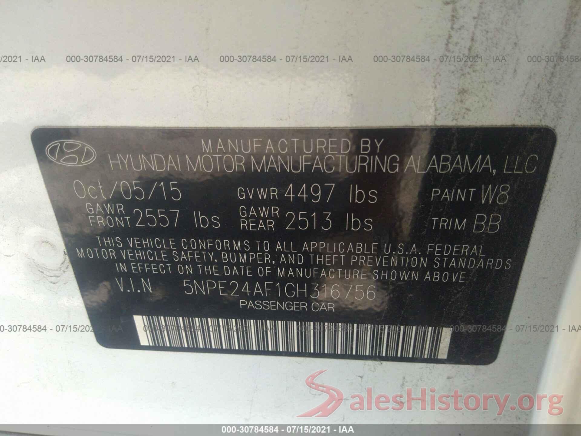 5NPE24AF1GH316756 2016 HYUNDAI SONATA