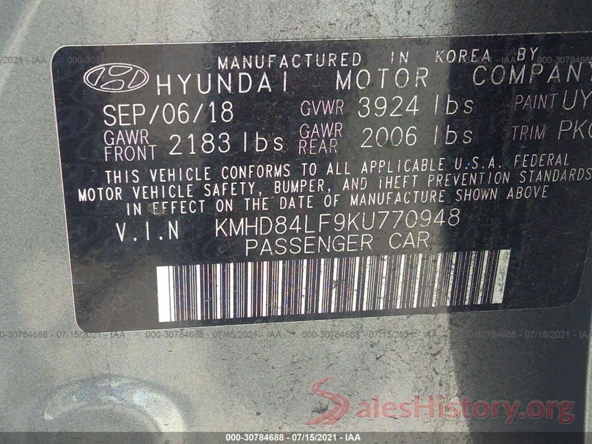 KMHD84LF9KU770948 2019 HYUNDAI ELANTRA