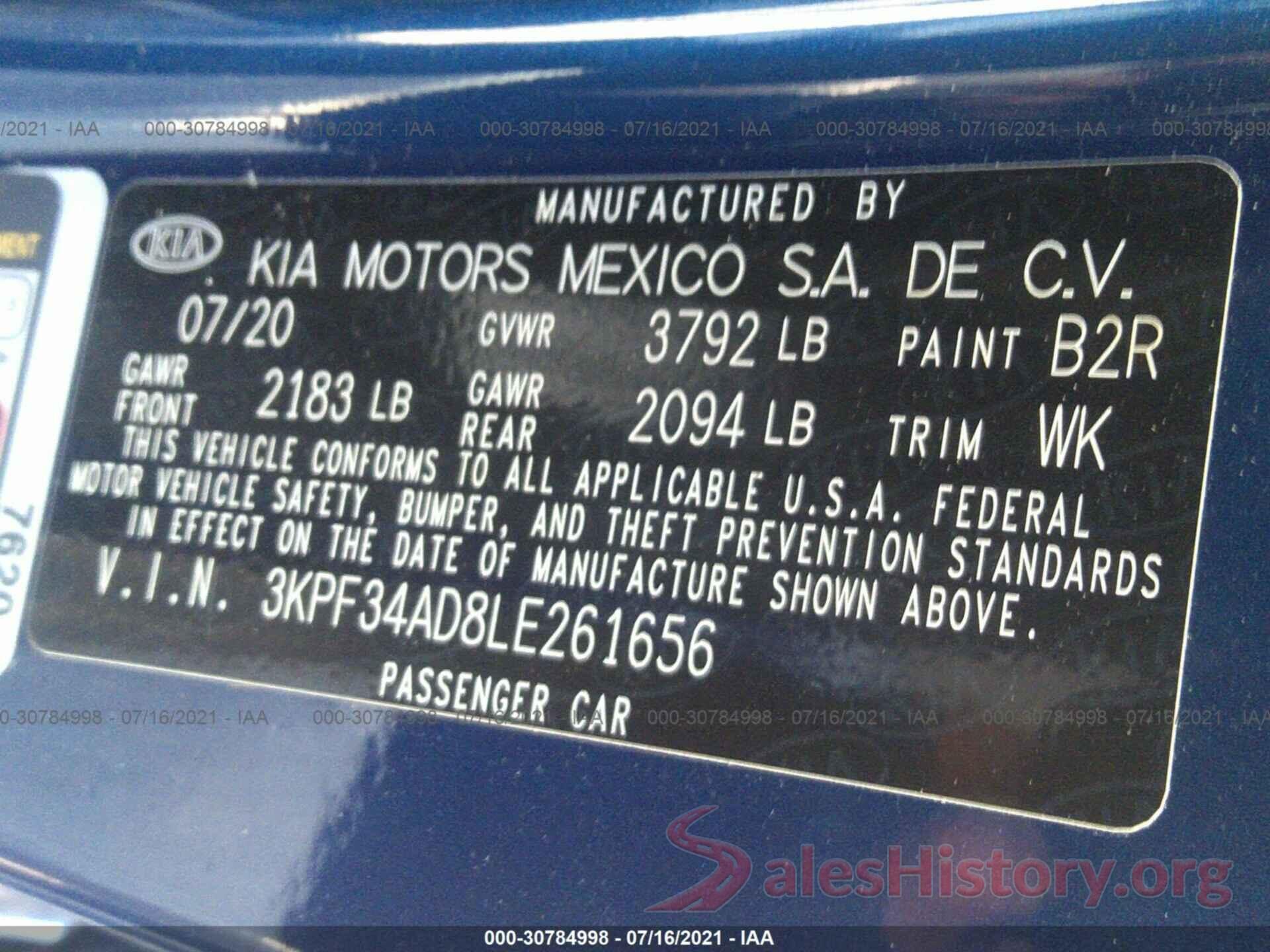 3KPF34AD8LE261656 2020 KIA FORTE