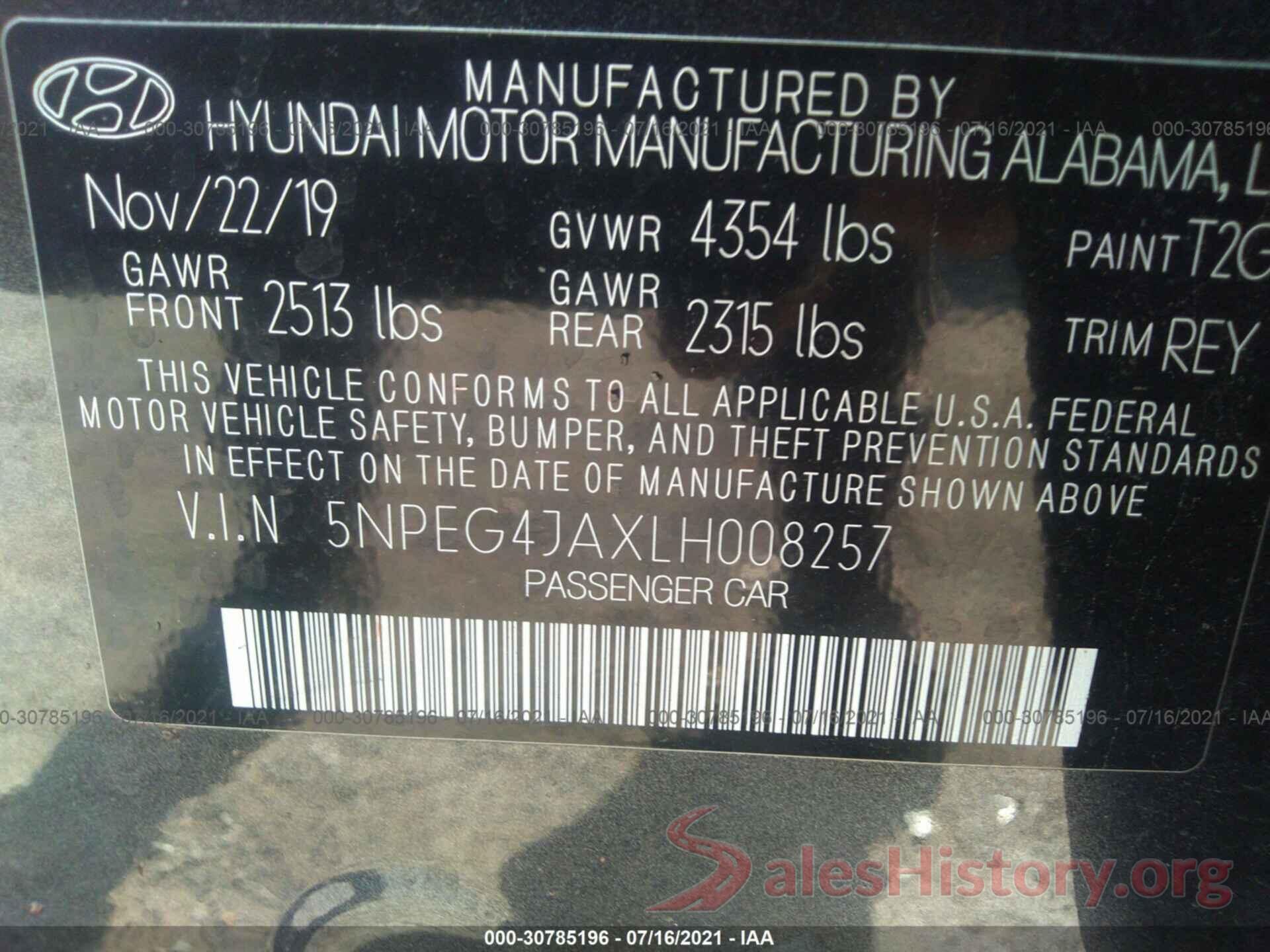 5NPEG4JAXLH008257 2020 HYUNDAI SONATA