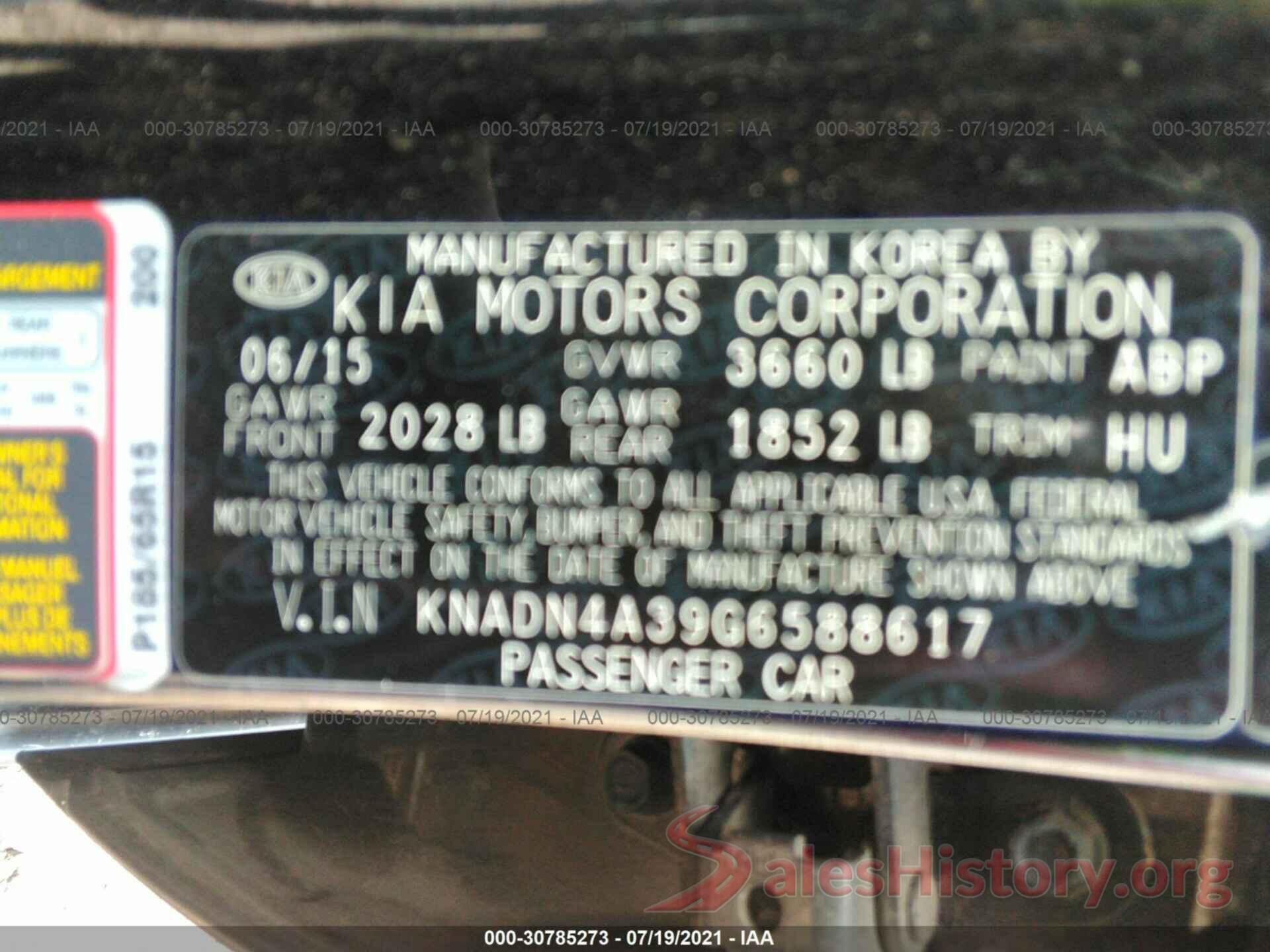 KNADN4A39G6588617 2016 KIA RIO