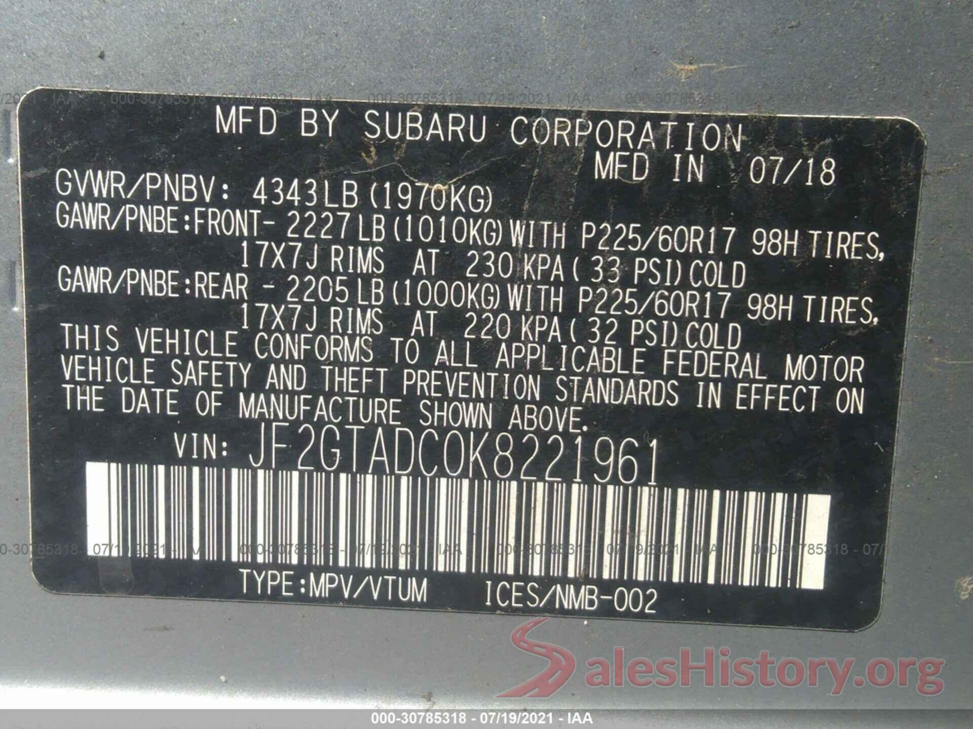 JF2GTADC0K8221961 2019 SUBARU CROSSTREK