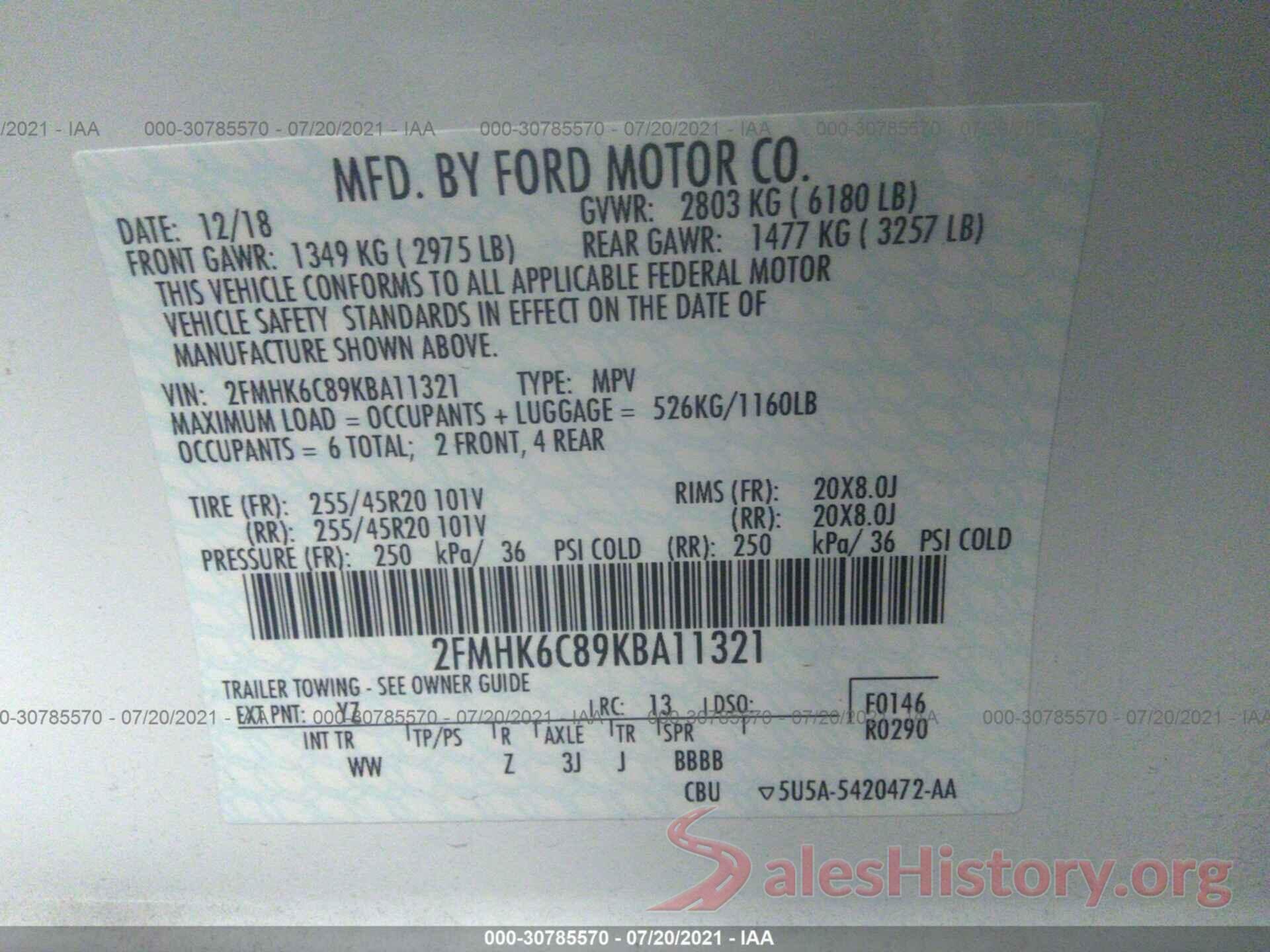 2FMHK6C89KBA11321 2019 FORD FLEX