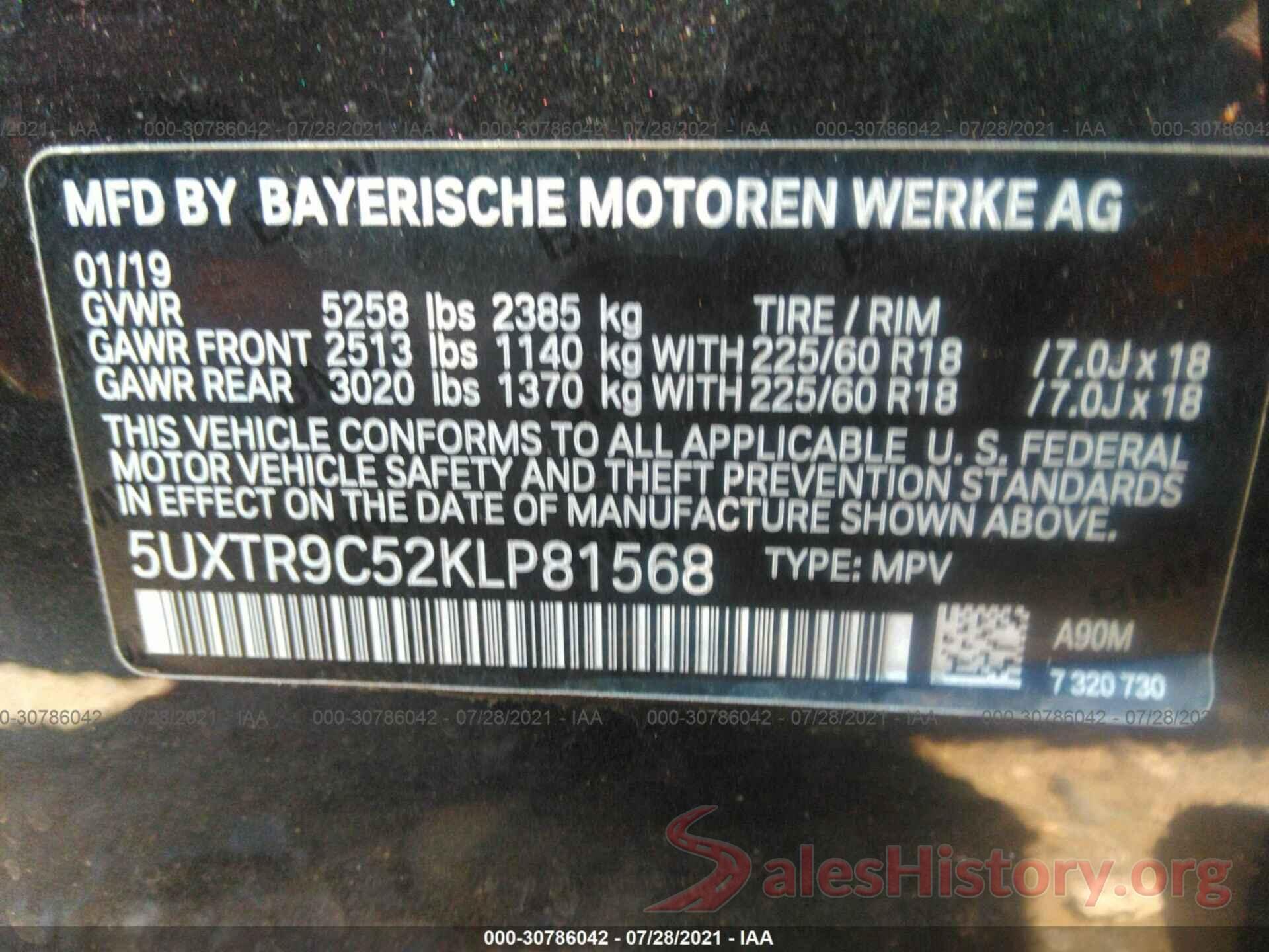 5UXTR9C52KLP81568 2019 BMW X3