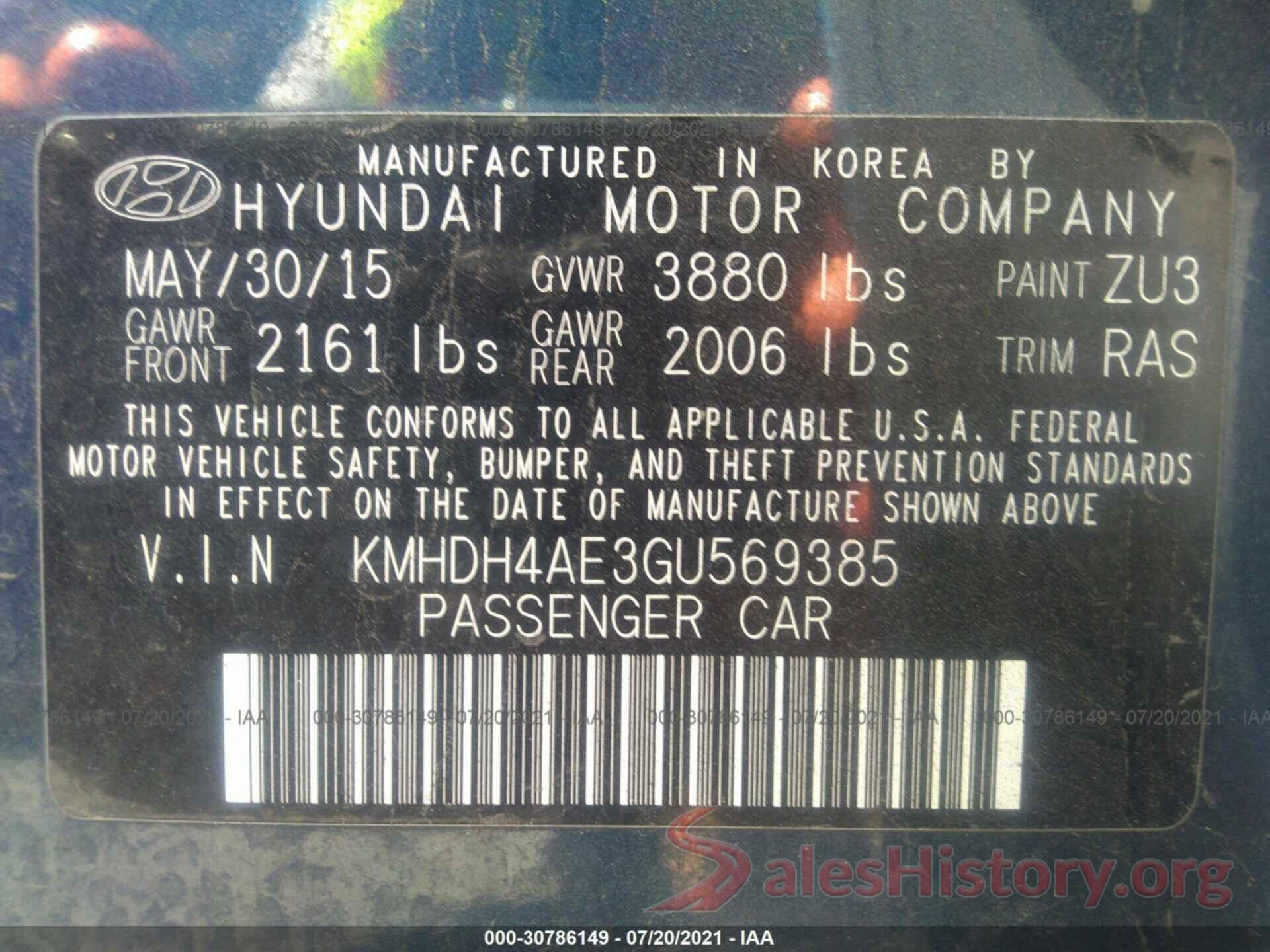 KMHDH4AE3GU569385 2016 HYUNDAI ELANTRA