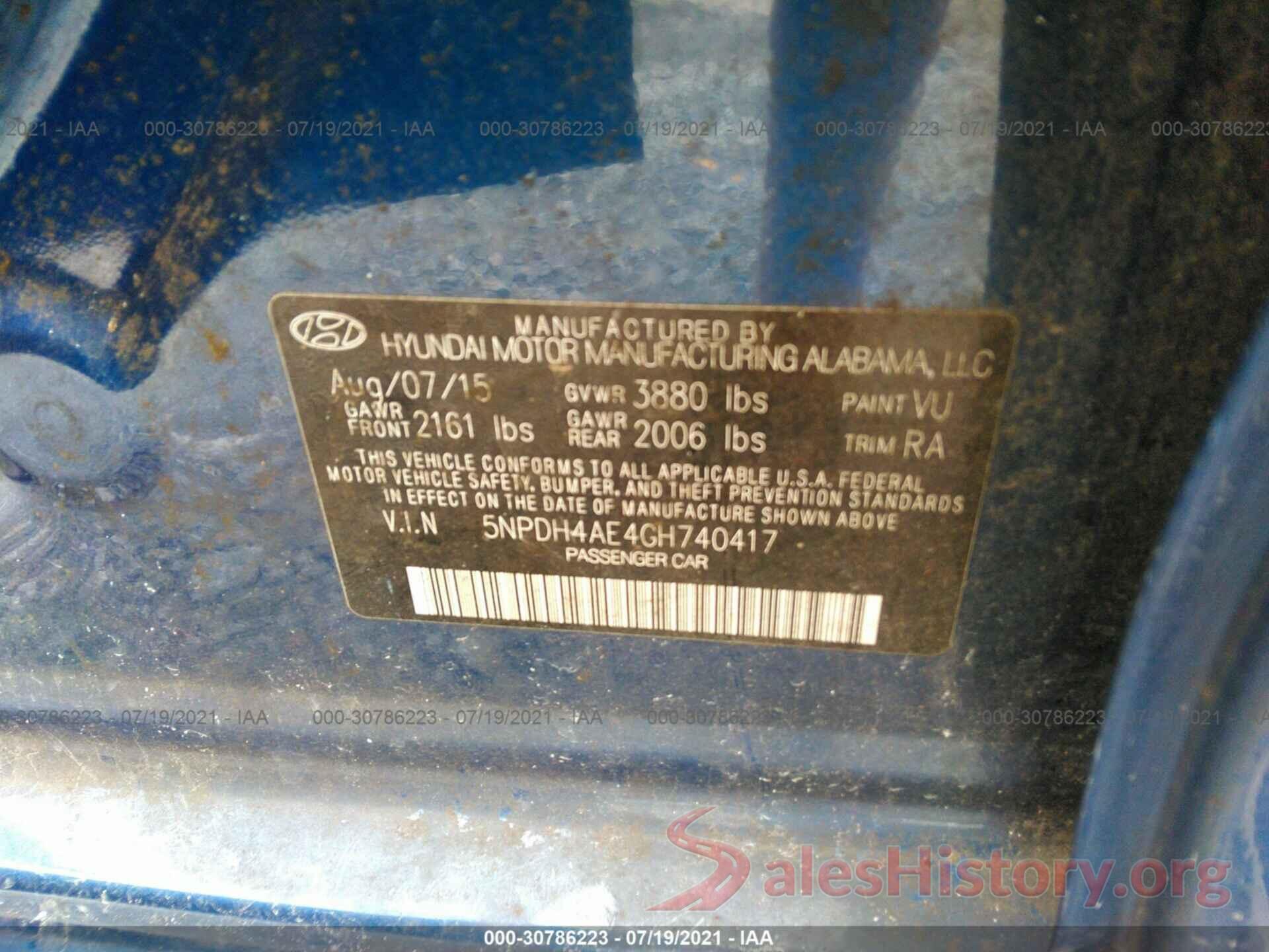 5NPDH4AE4GH740417 2016 HYUNDAI ELANTRA