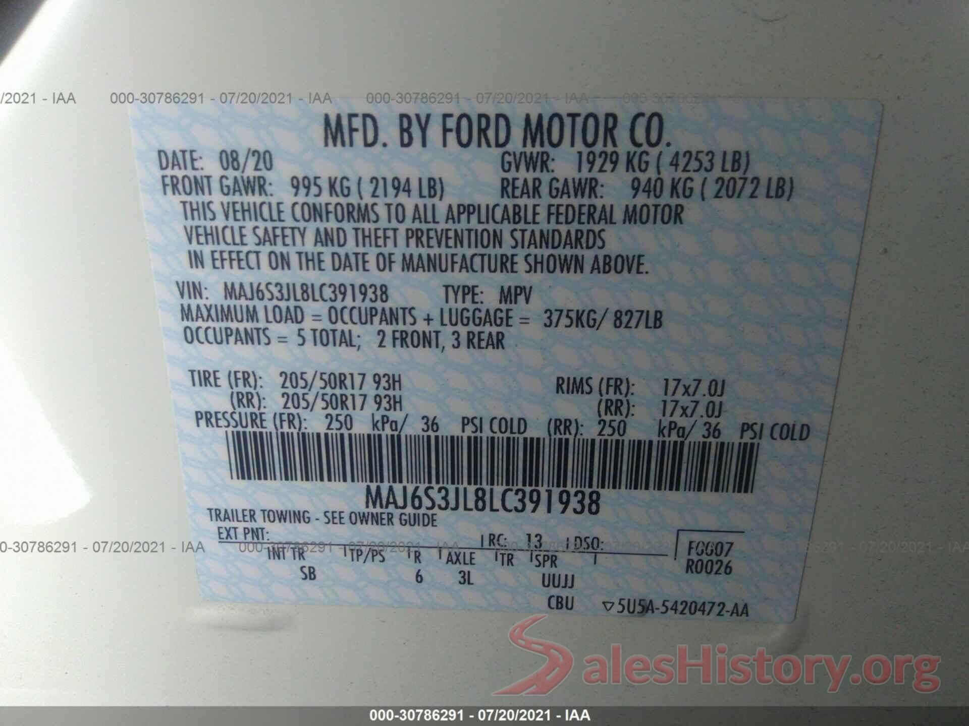 MAJ6S3JL8LC391938 2020 FORD ECOSPORT