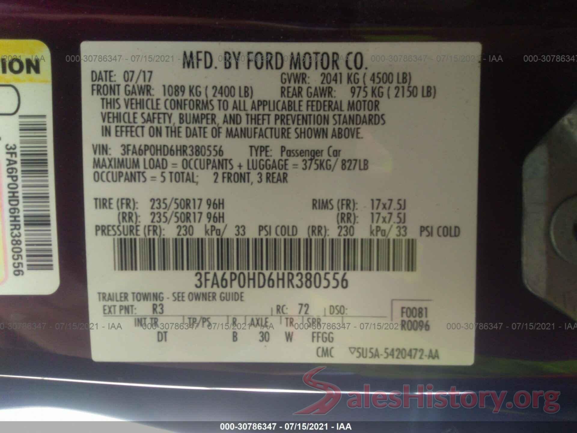 3FA6P0HD6HR380556 2017 FORD FUSION