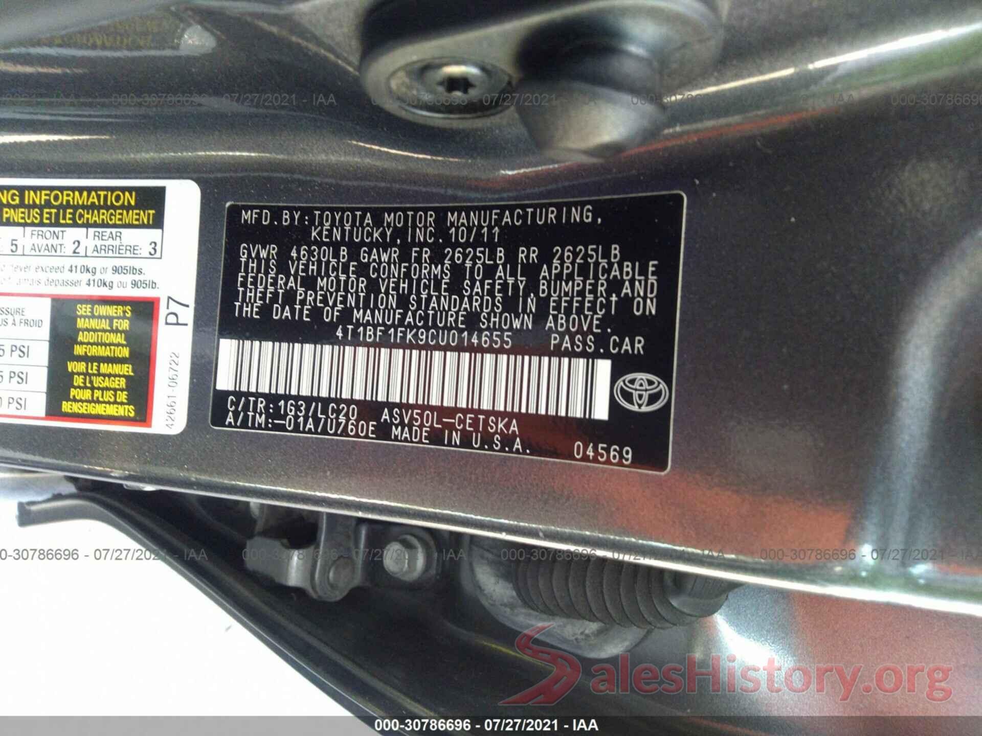 4T1BF1FK9CU014655 2012 TOYOTA CAMRY