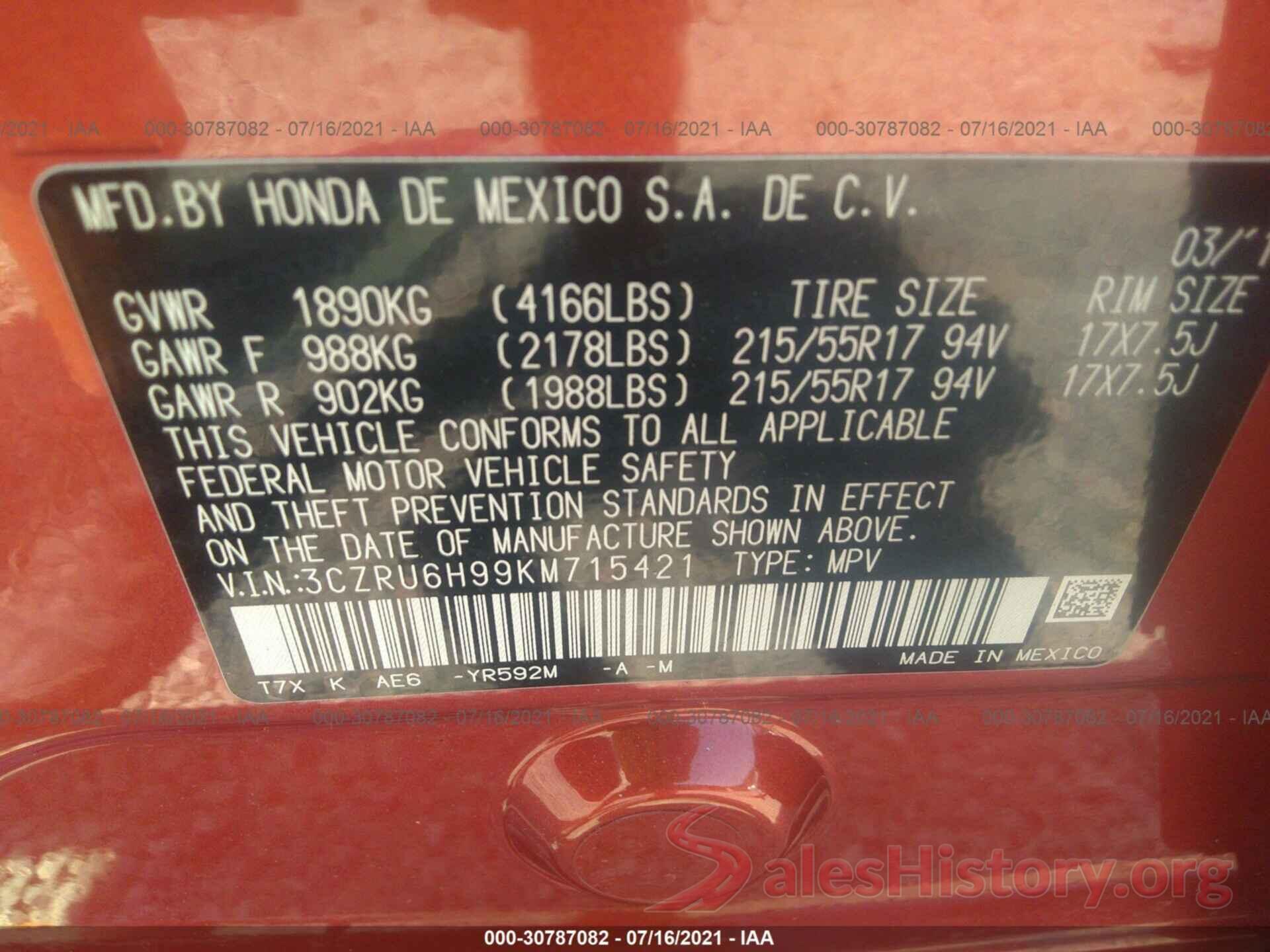 3CZRU6H99KM715421 2019 HONDA HR-V