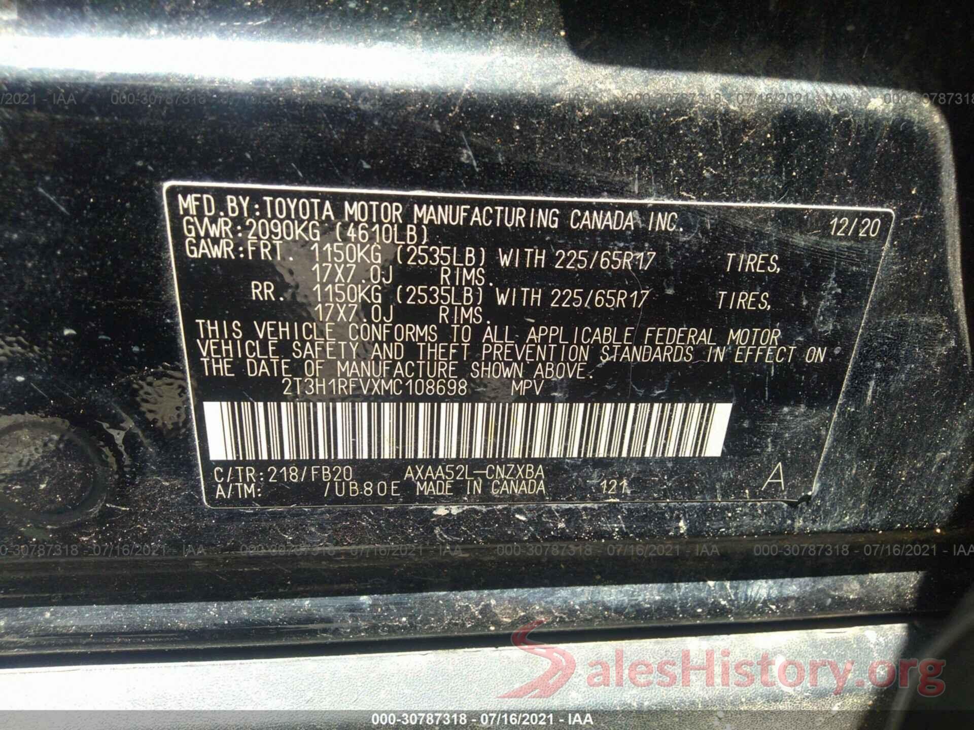 2T3H1RFVXMC108698 2021 TOYOTA RAV4