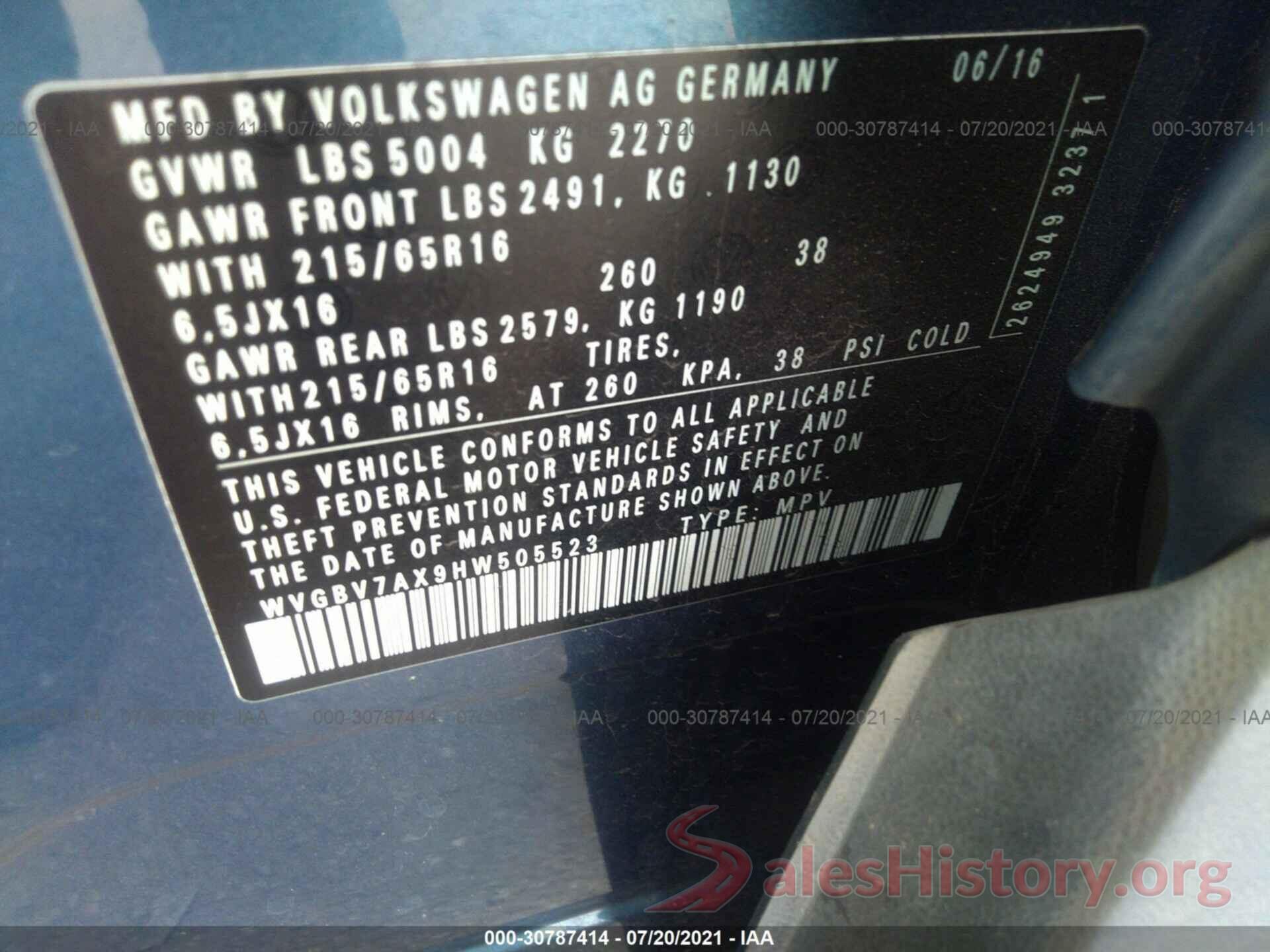 WVGBV7AX9HW505523 2017 VOLKSWAGEN TIGUAN