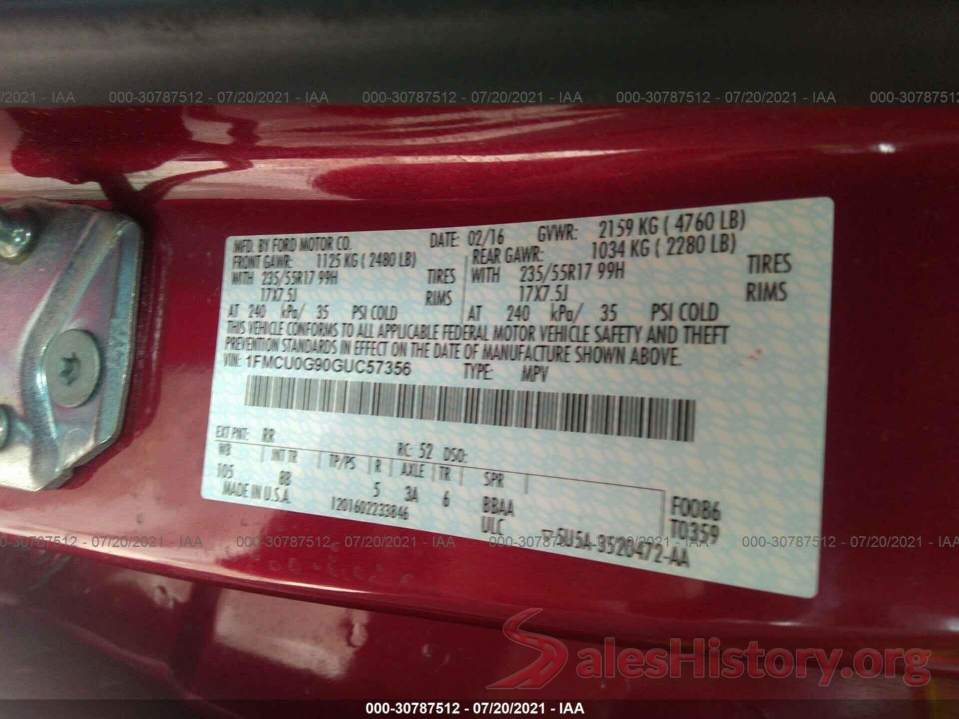 1FMCU0G90GUC57356 2016 FORD ESCAPE