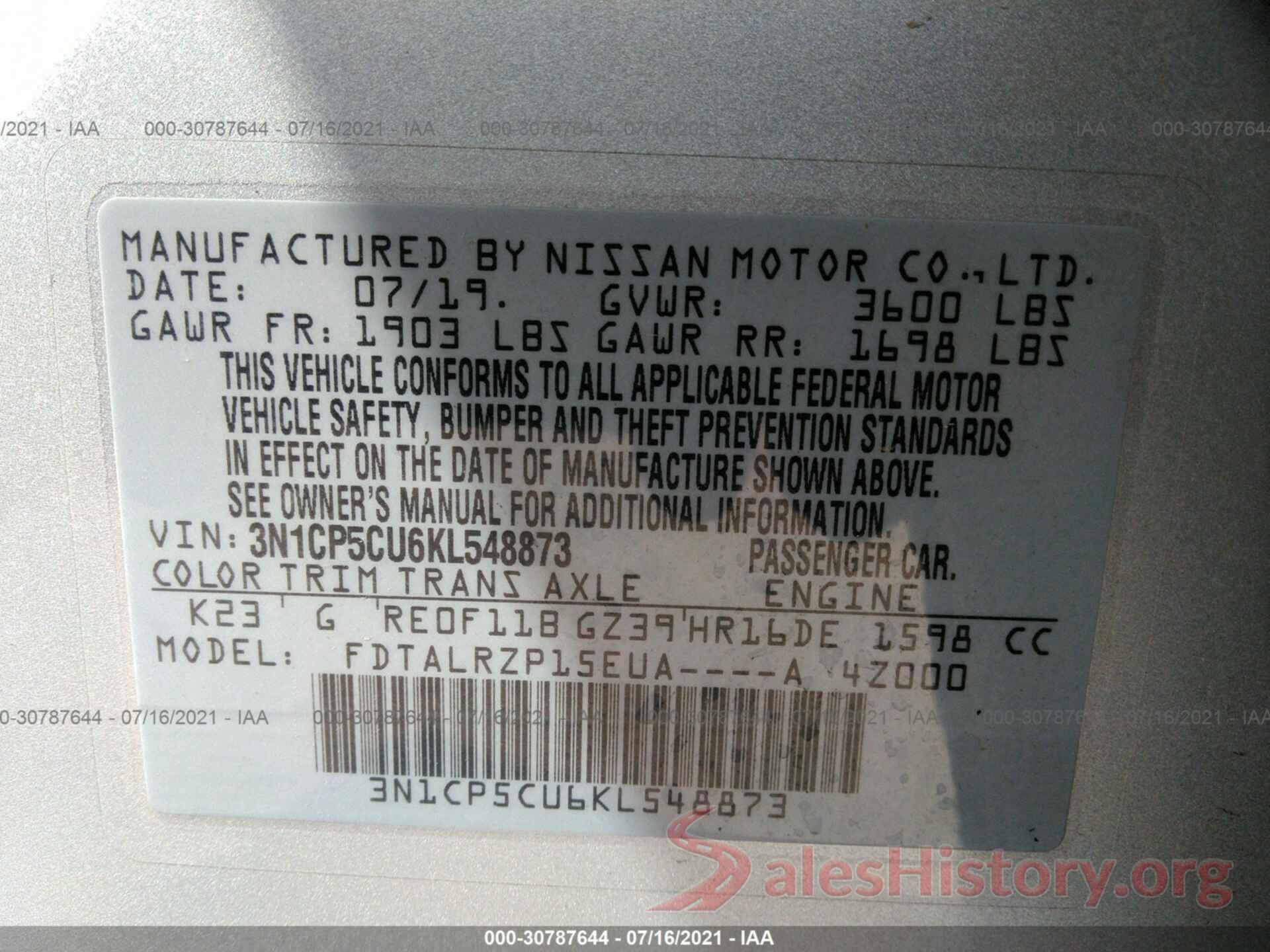 3N1CP5CU6KL548873 2019 NISSAN KICKS