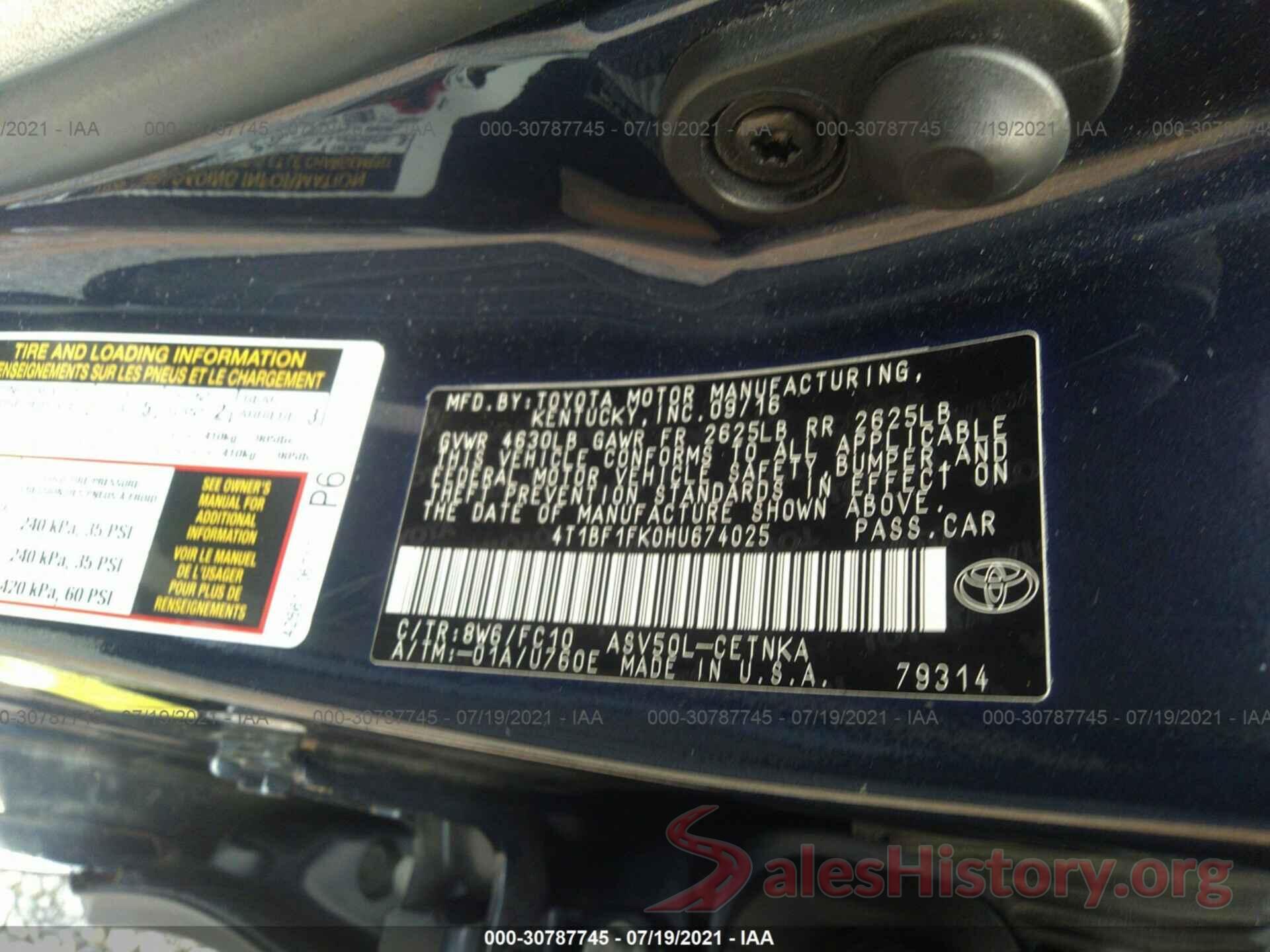 4T1BF1FK0HU674025 2017 TOYOTA CAMRY