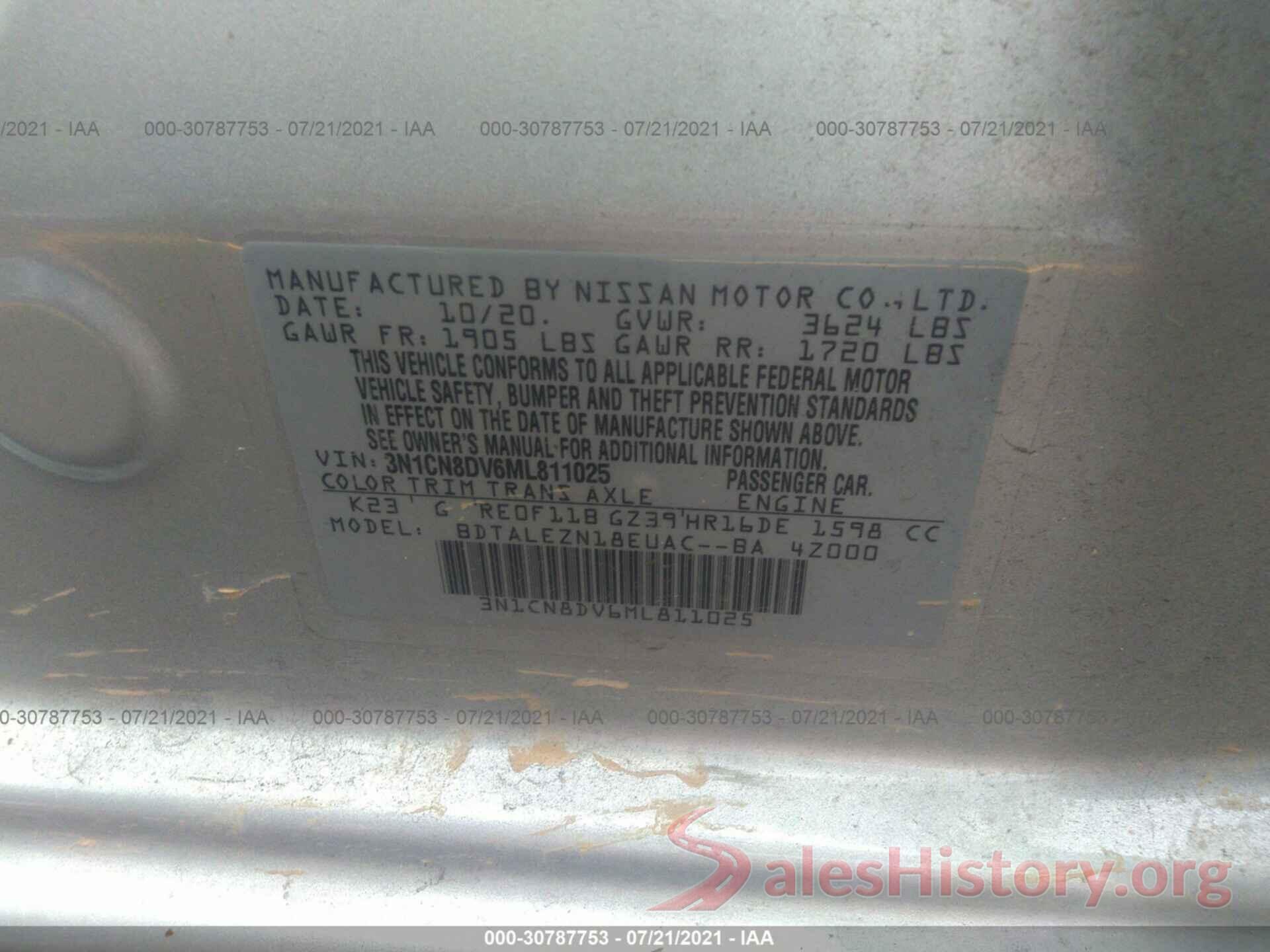 3N1CN8DV6ML811025 2021 NISSAN VERSA