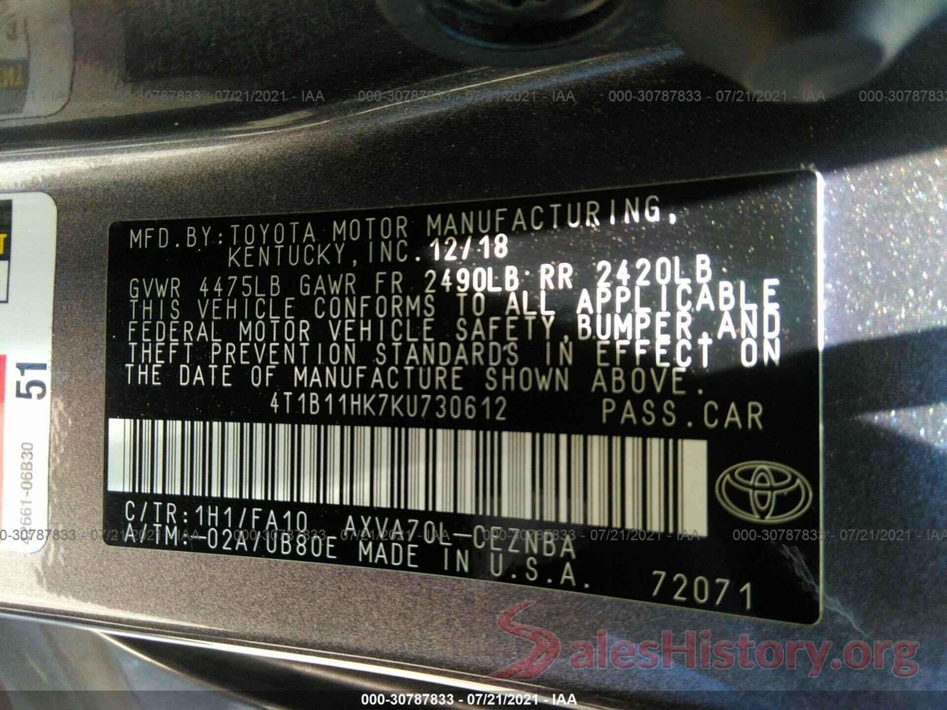 4T1B11HK7KU730612 2019 TOYOTA CAMRY