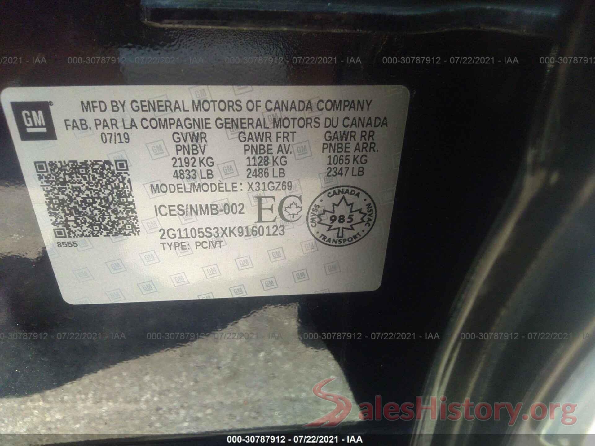 2G1105S3XK9160123 2019 CHEVROLET IMPALA