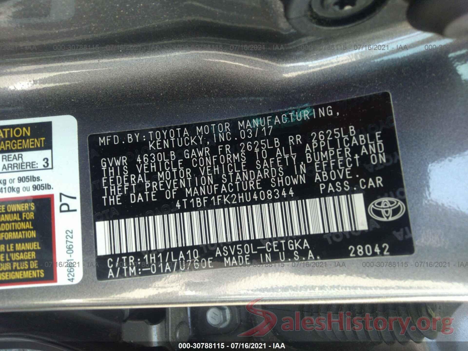 4T1BF1FK2HU408344 2017 TOYOTA CAMRY