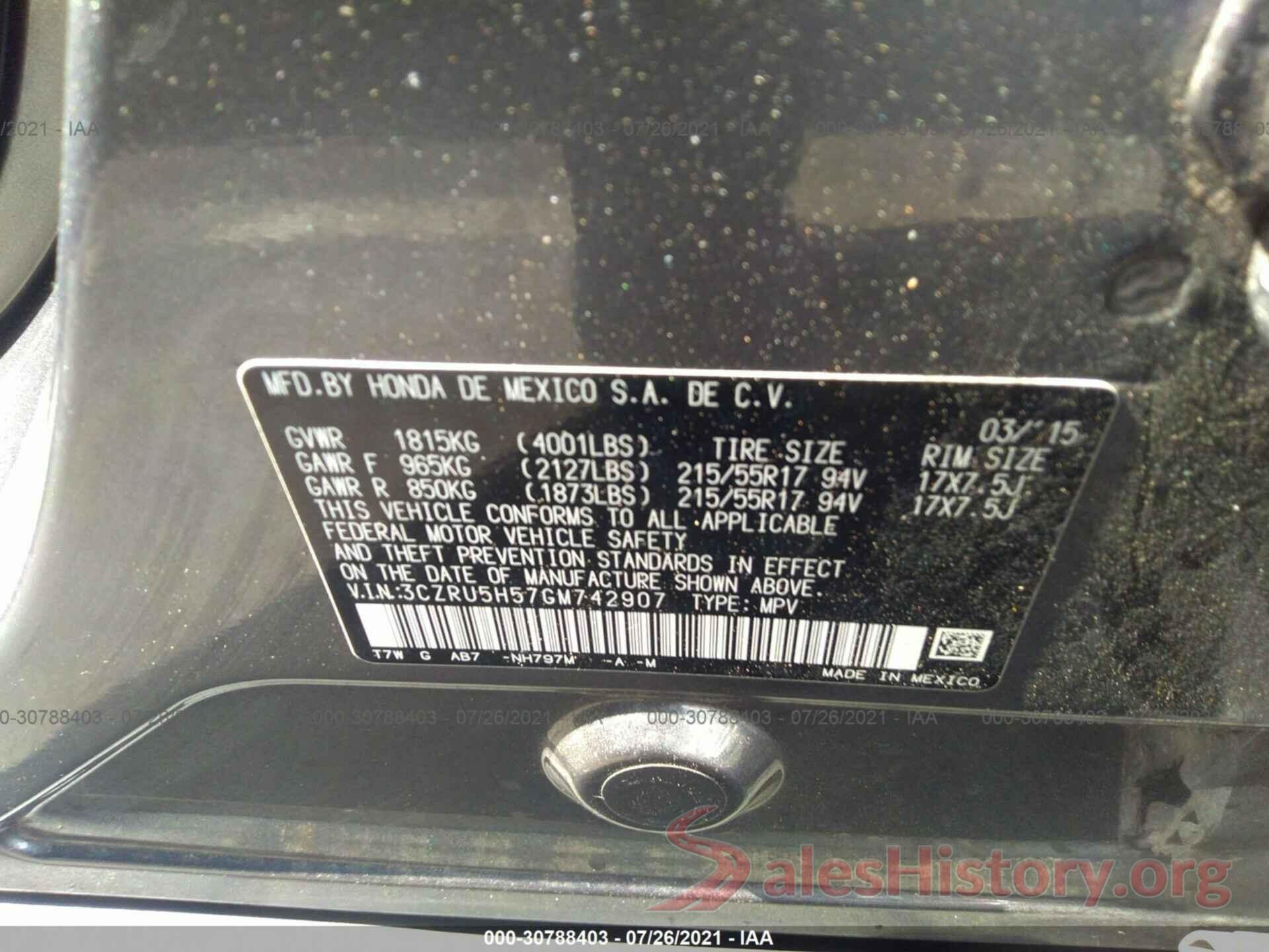 3CZRU5H57GM742907 2016 HONDA HR-V