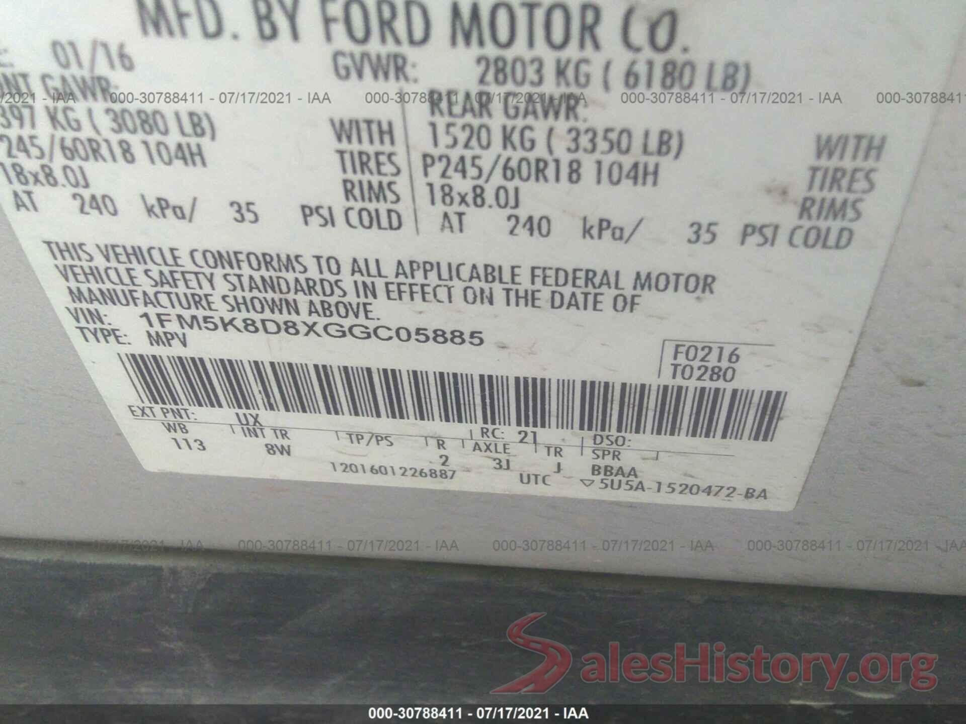 1FM5K8D8XGGC05885 2016 FORD EXPLORER