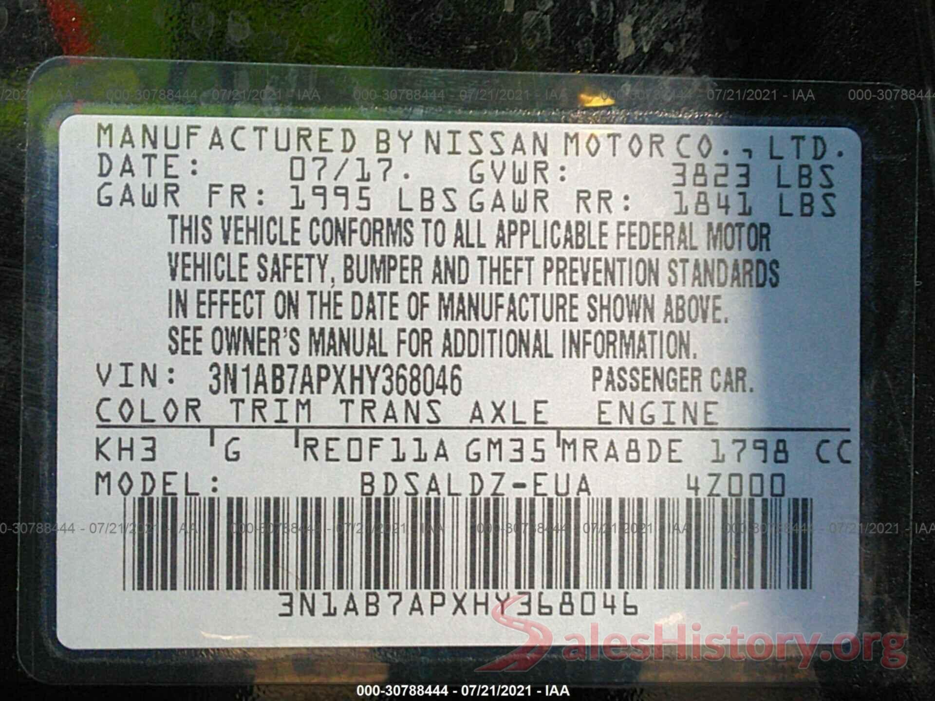 3N1AB7APXHY368046 2017 NISSAN SENTRA