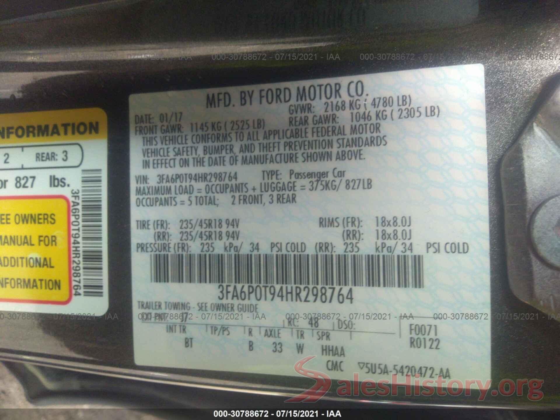 3FA6P0T94HR298764 2017 FORD FUSION