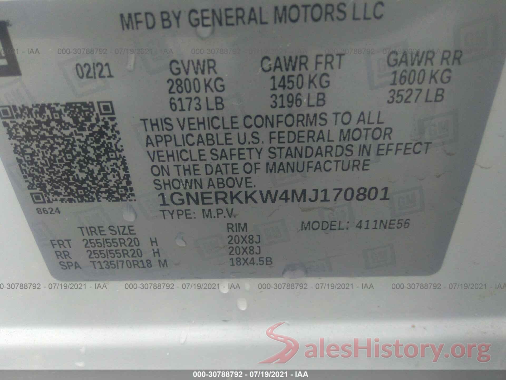 1GNERKKW4MJ170801 2021 CHEVROLET TRAVERSE