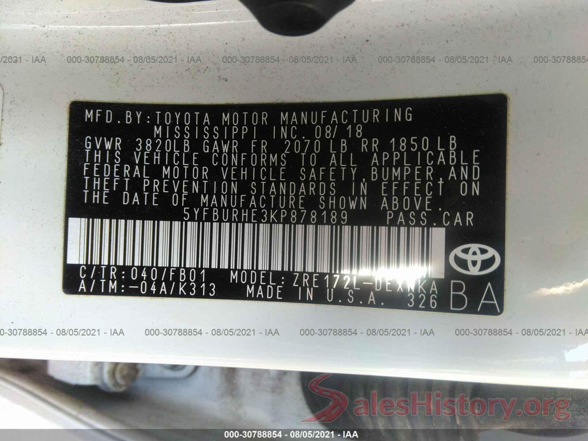 5YFBURHE3KP878189 2019 TOYOTA COROLLA