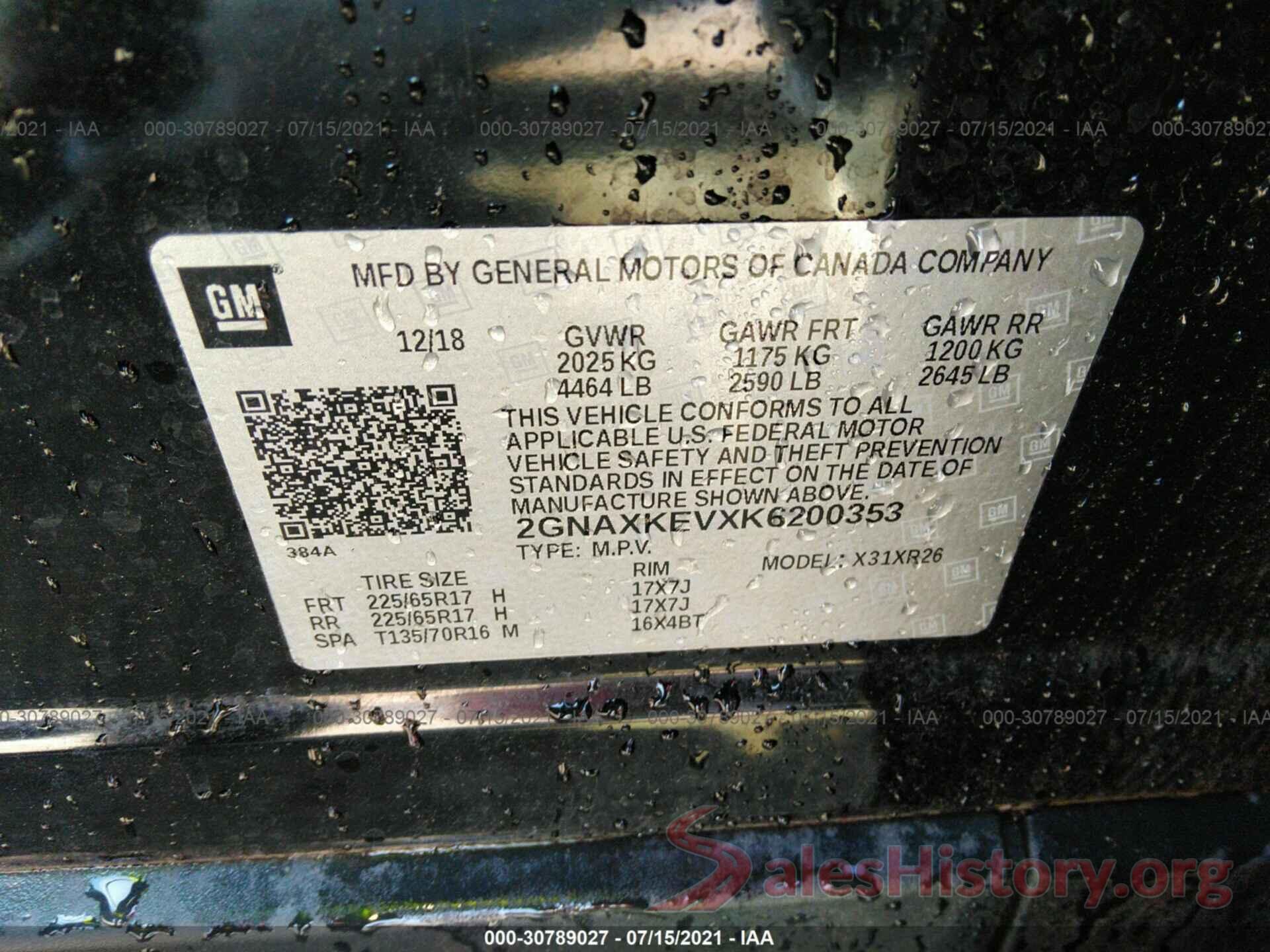 2GNAXKEVXK6200353 2019 CHEVROLET EQUINOX