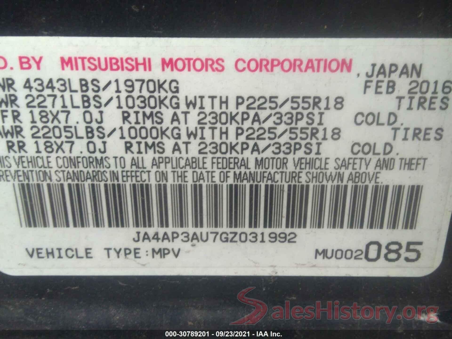 JA4AP3AU7GZ031992 2016 MITSUBISHI OUTLANDER SPORT