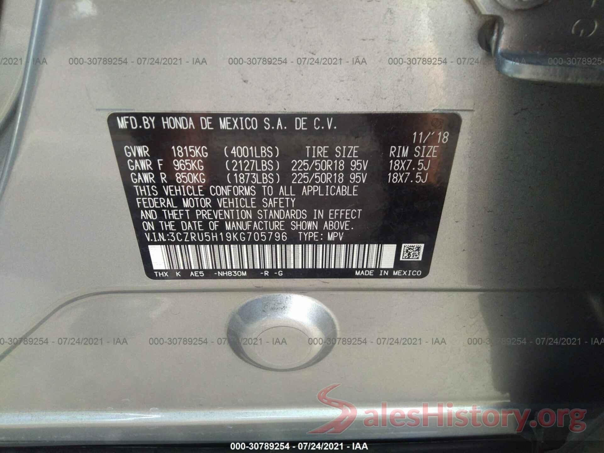 3CZRU5H19KG705796 2019 HONDA HR-V