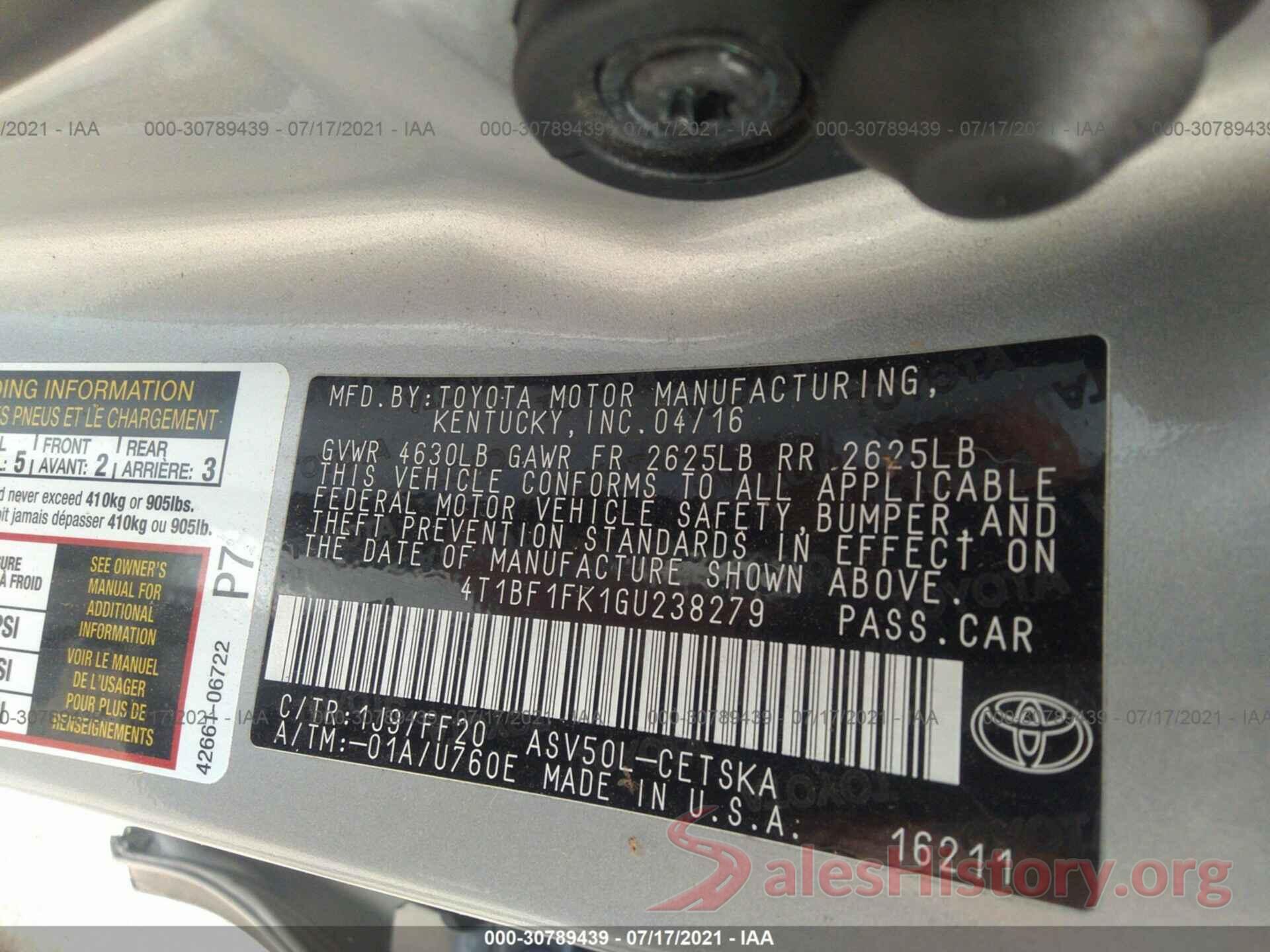 4T1BF1FK1GU238279 2016 TOYOTA CAMRY