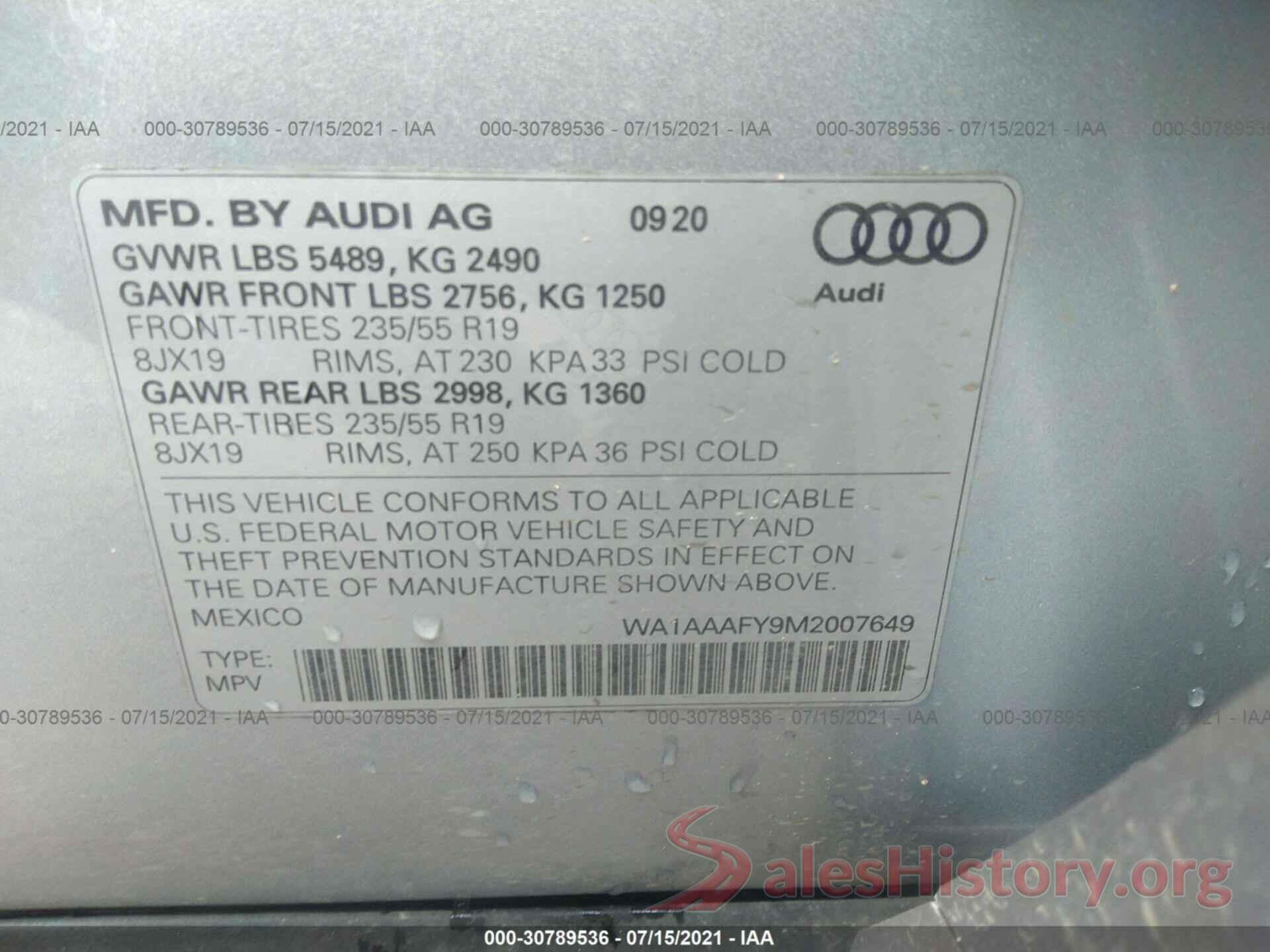 WA1AAAFY9M2007649 2021 AUDI Q5