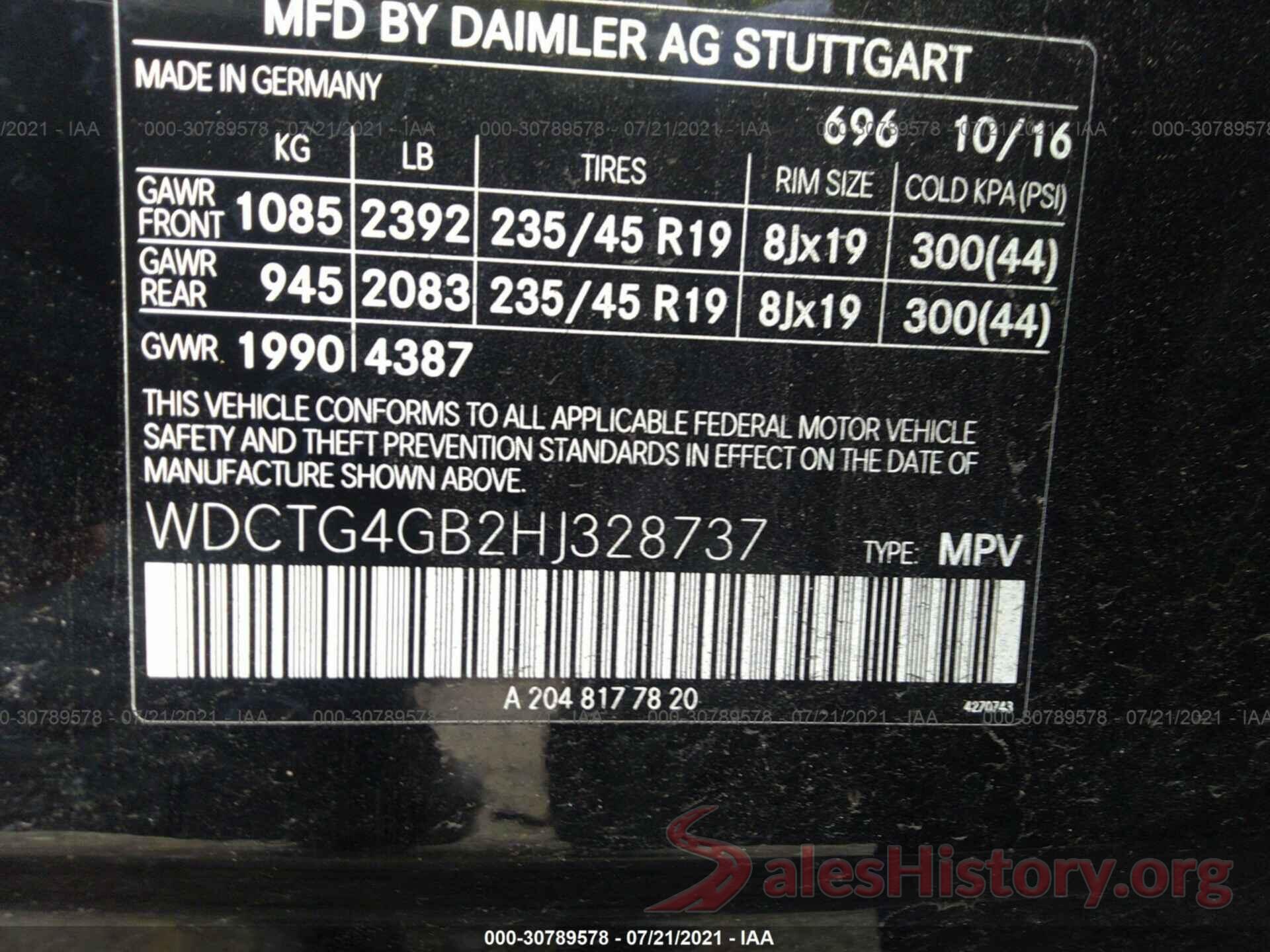 WDCTG4GB2HJ328737 2017 MERCEDES-BENZ GLA