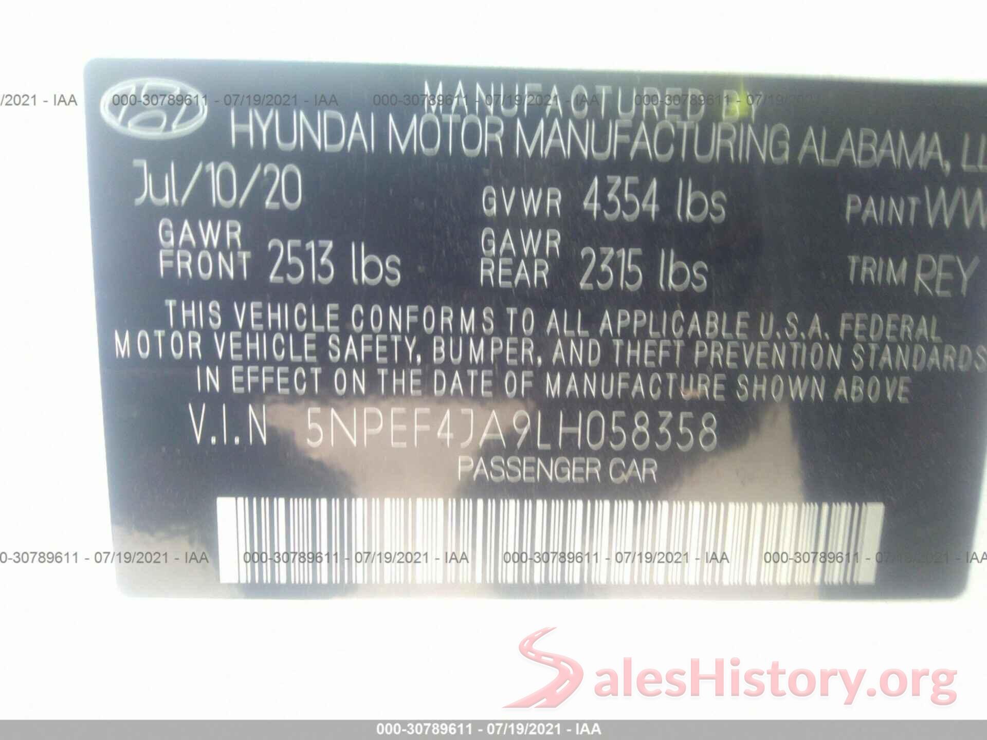 5NPEF4JA9LH058358 2020 HYUNDAI SONATA