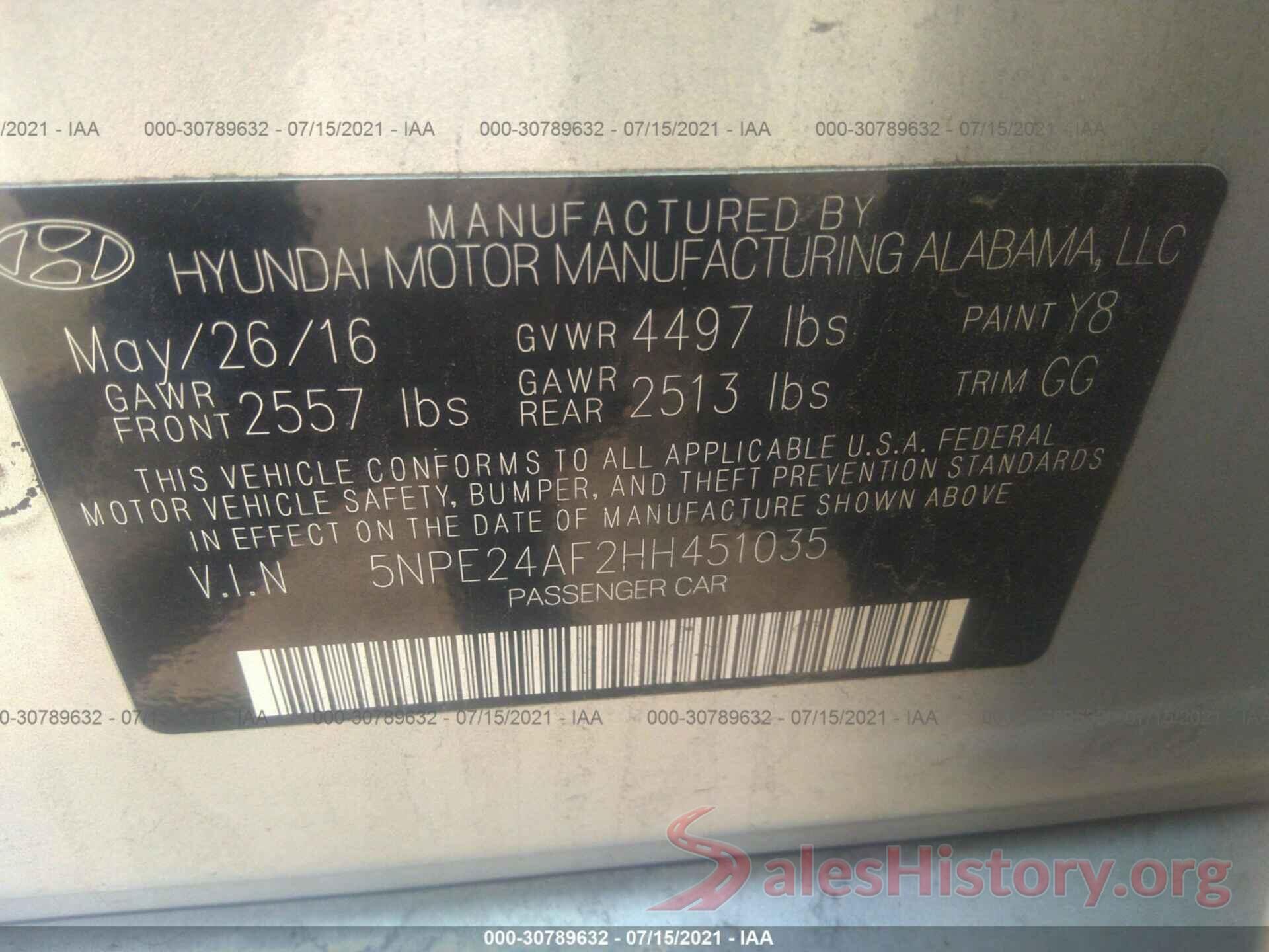 5NPE24AF2HH451035 2017 HYUNDAI SONATA