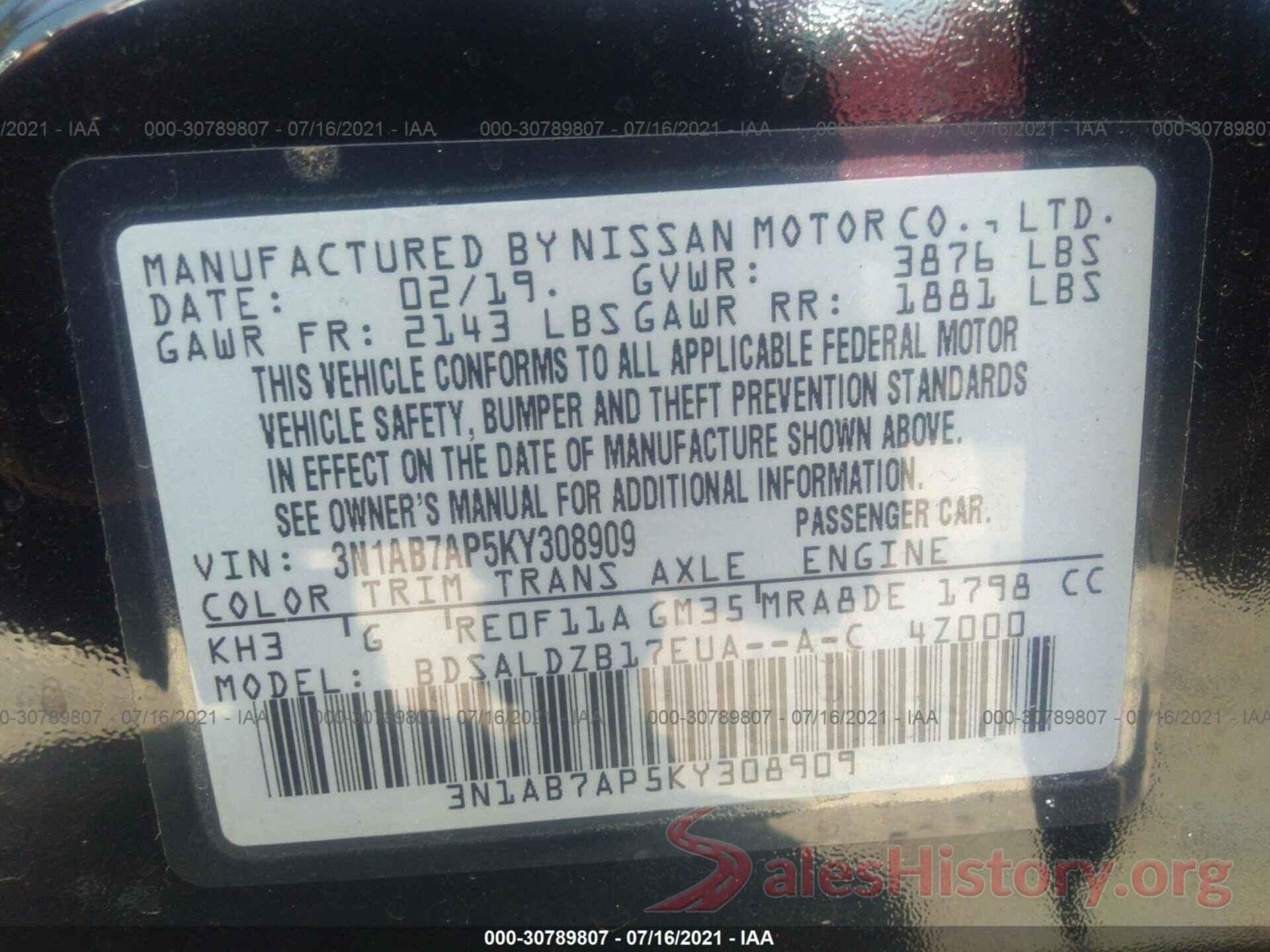 3N1AB7AP5KY308909 2019 NISSAN SENTRA