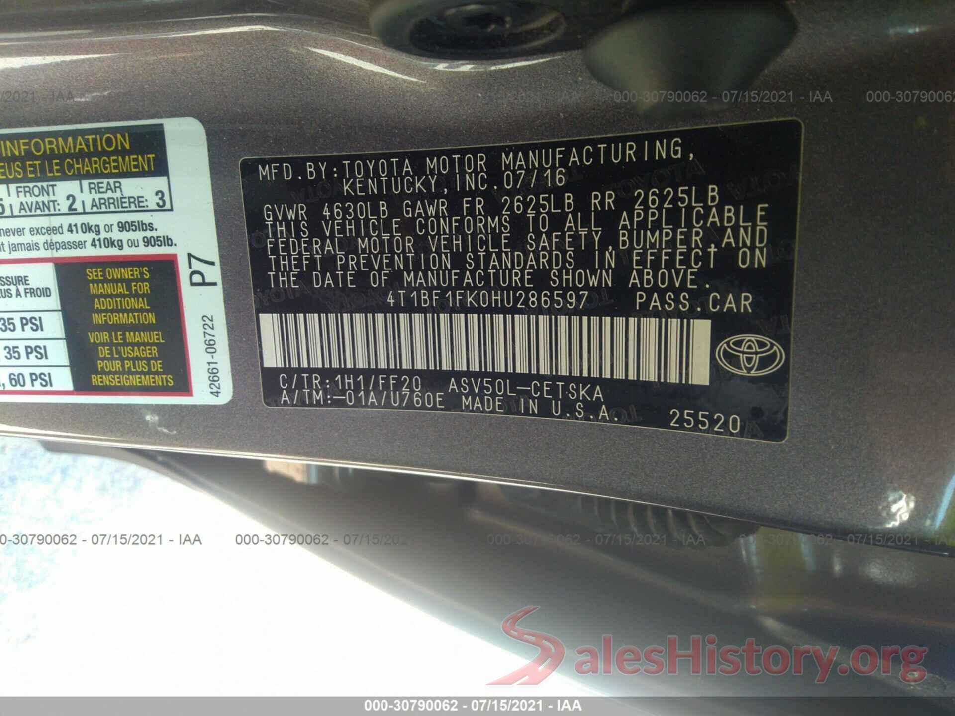 4T1BF1FK0HU286597 2017 TOYOTA CAMRY