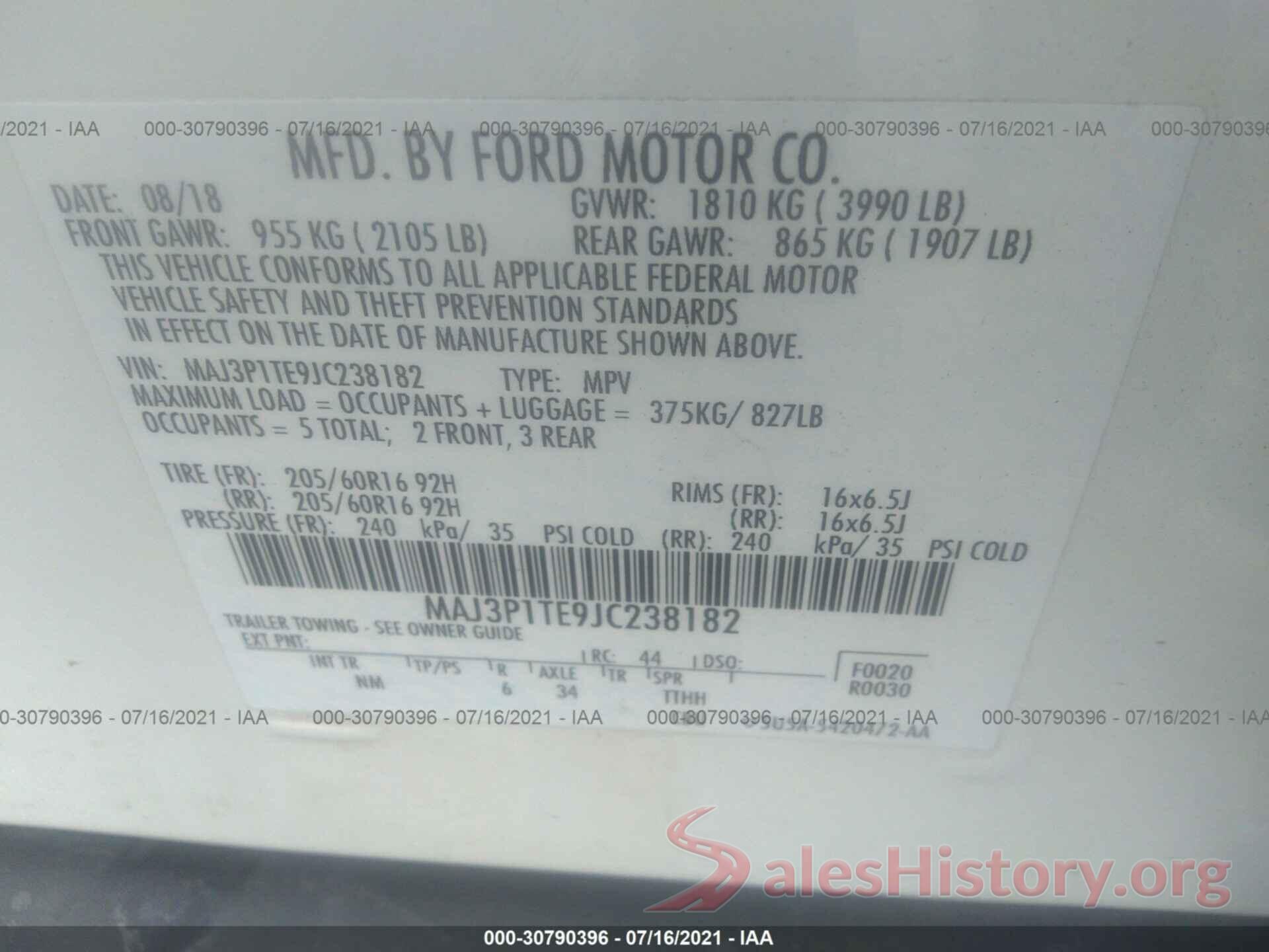 MAJ3P1TE9JC238182 2018 FORD ECOSPORT