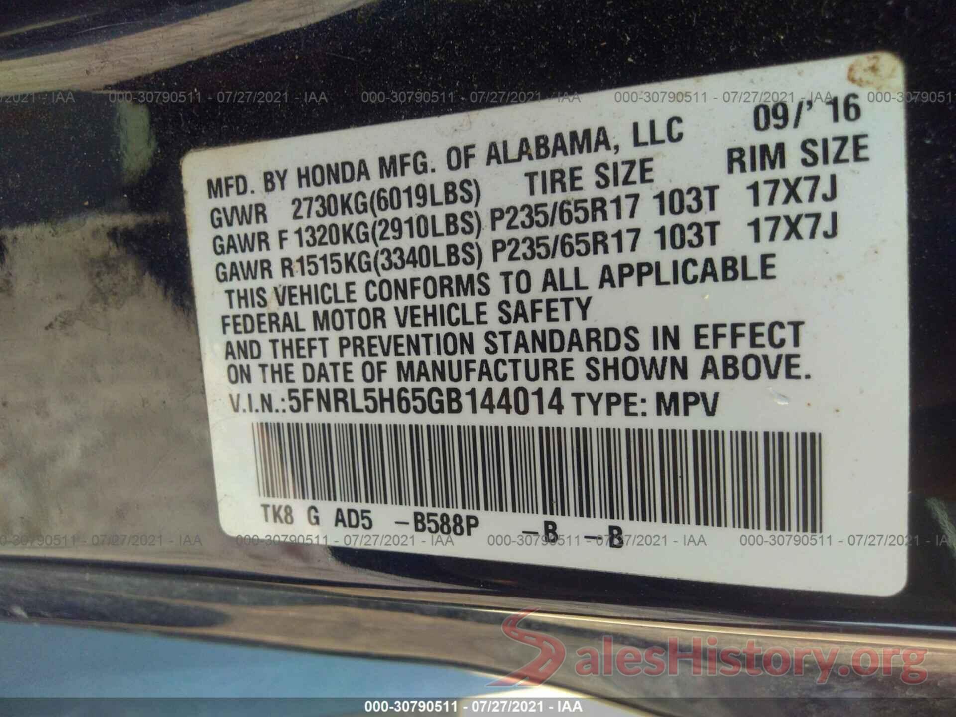 5FNRL5H65GB144014 2016 HONDA ODYSSEY