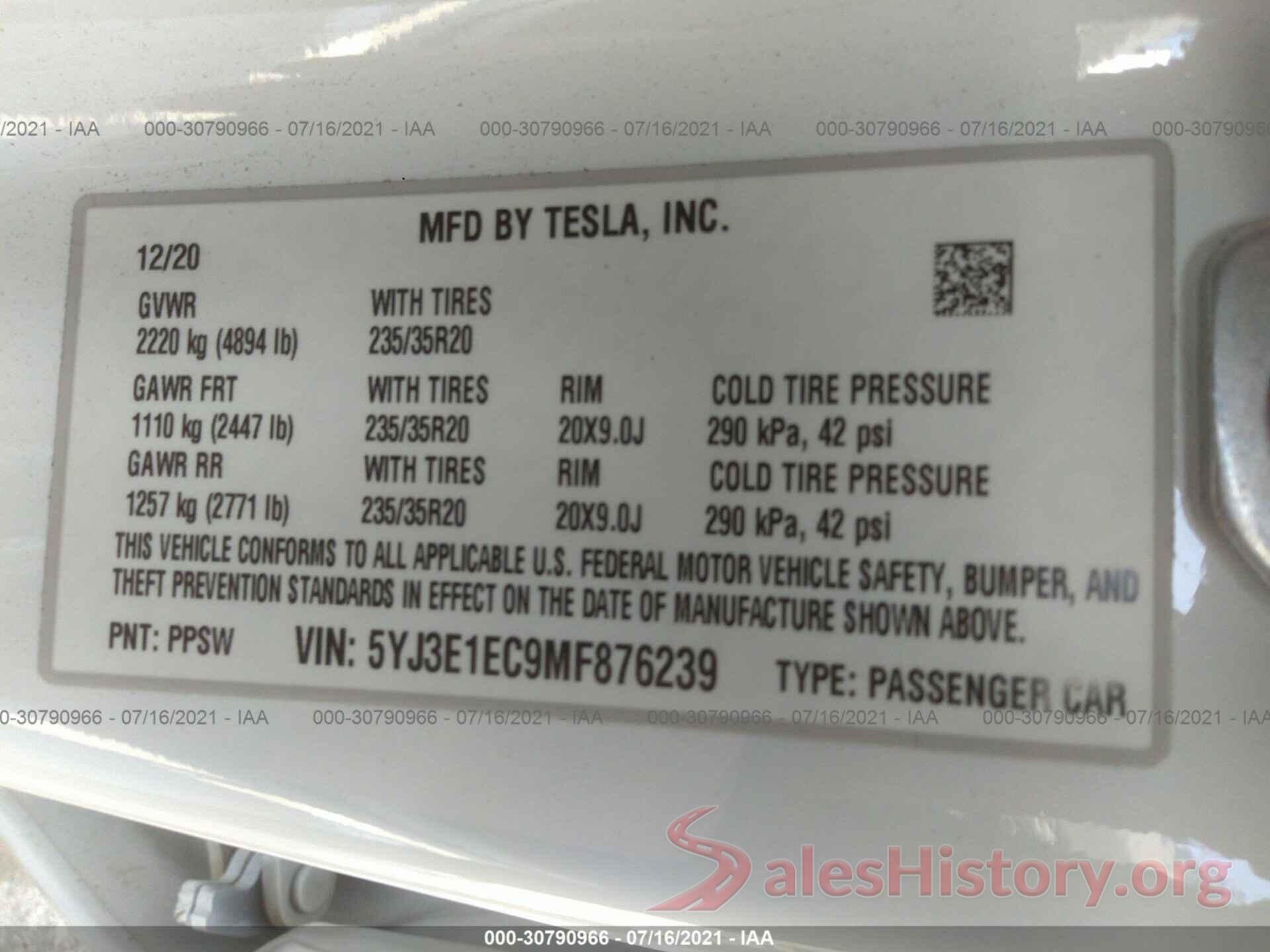 5YJ3E1EC9MF876239 2021 TESLA MODEL 3