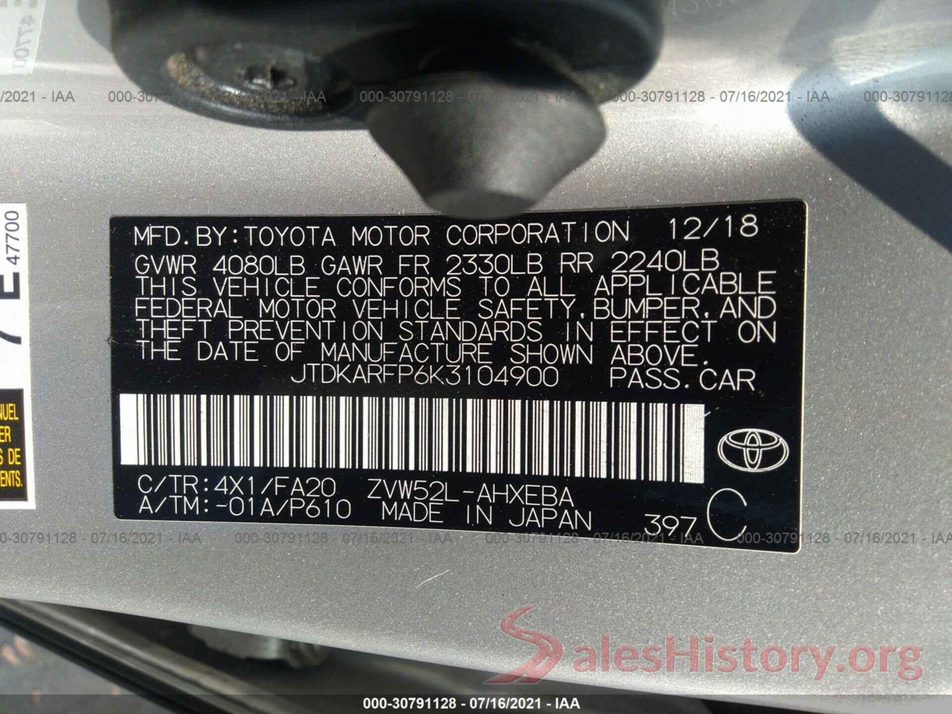 JTDKARFP6K3104900 2019 TOYOTA PRIUS PRIME